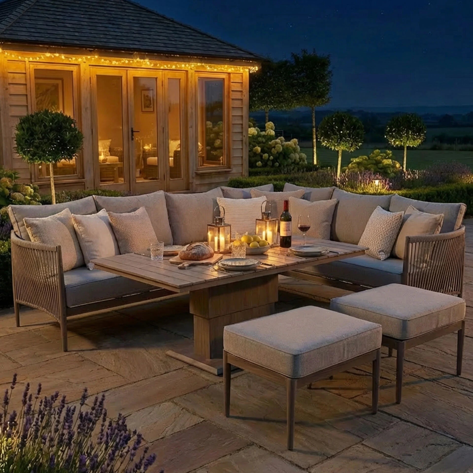 Havana Large Corner Dining Set with Rectangular Rising Table - Natural Linen