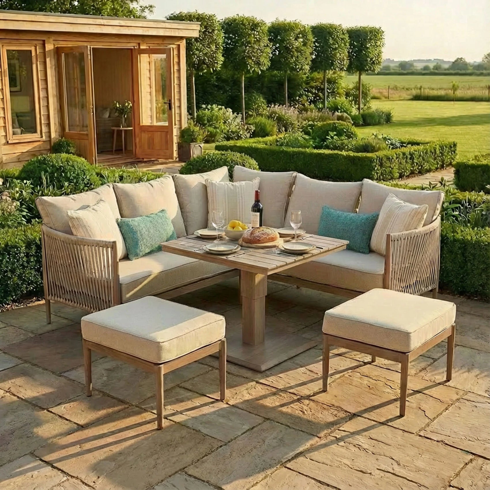 Havana Small Corner Dining Set with Square Rising Table - Natural Linen