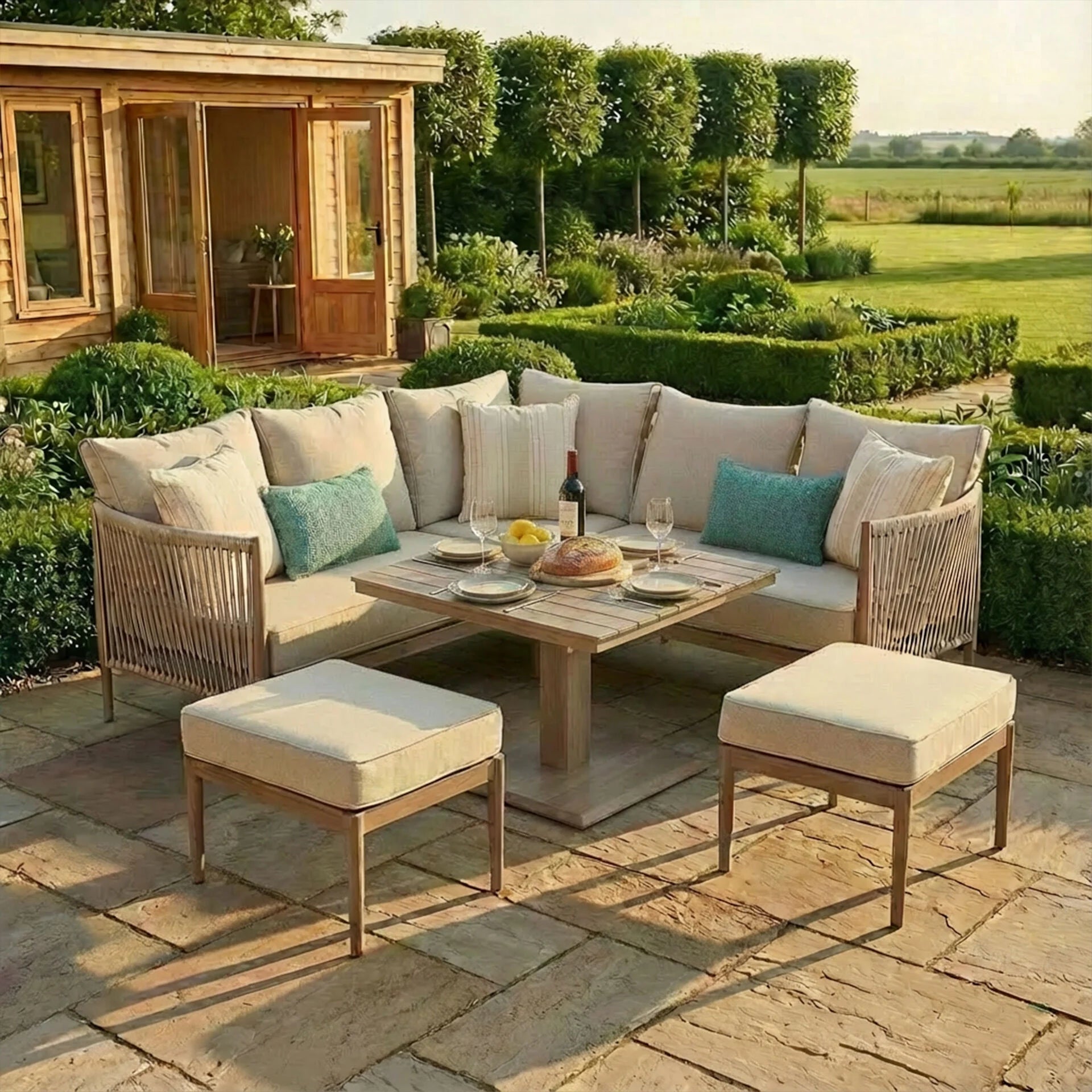 Havana Small Corner Dining Set with Square Rising Table - Natural Linen