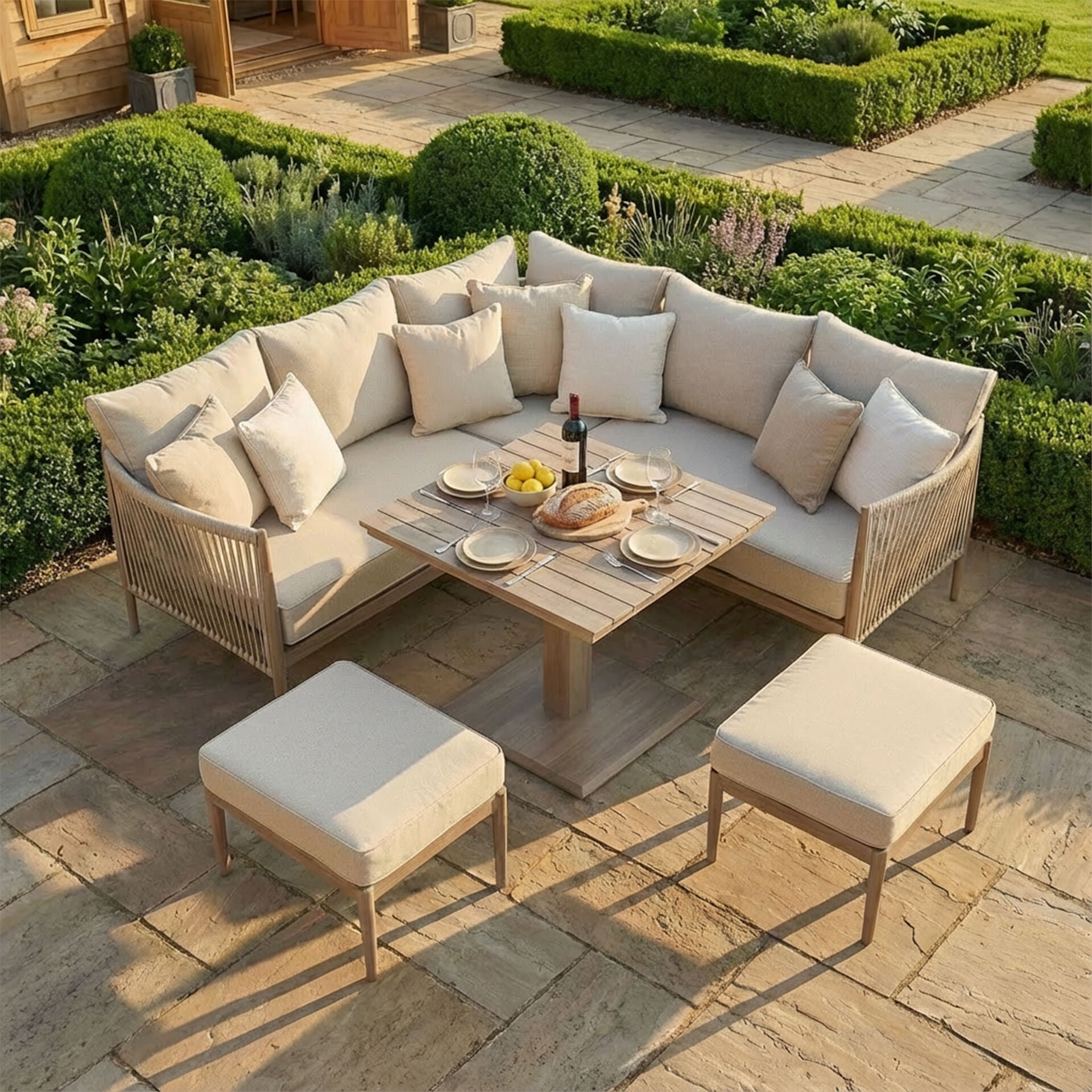 Havana Small Corner Dining Set with Square Rising Table - Natural Linen
