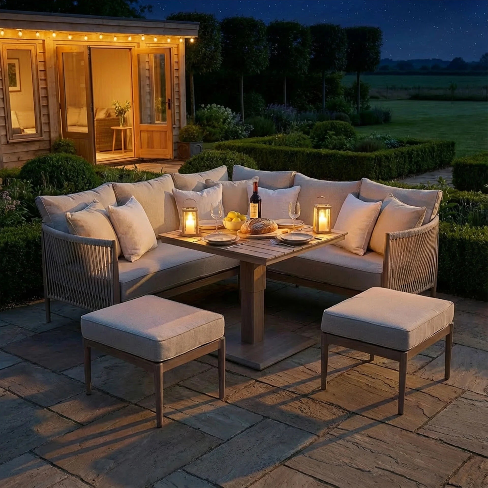 Havana Small Corner Dining Set with Square Rising Table - Natural Linen