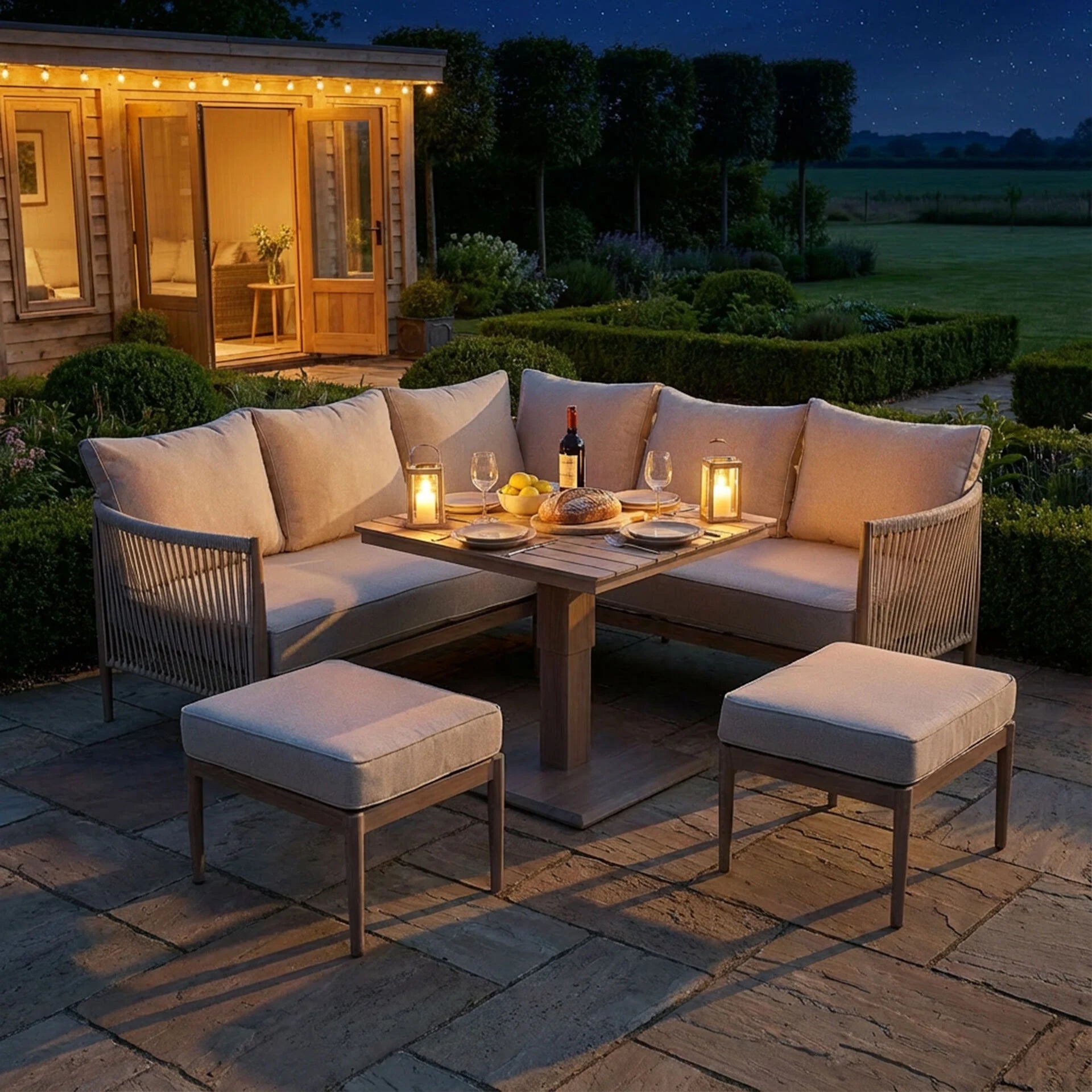Havana Small Corner Dining Set with Square Rising Table - Natural Linen