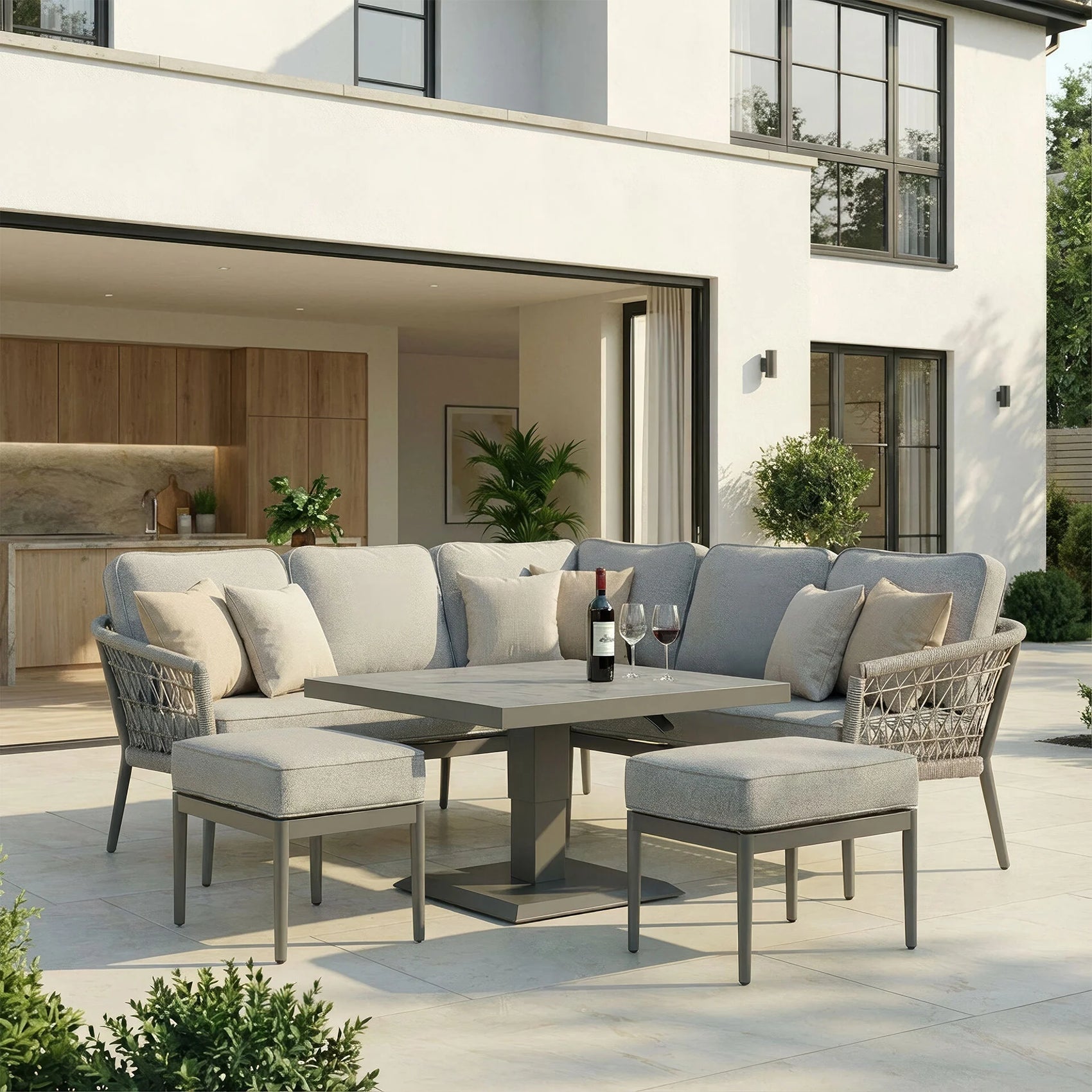 Monaco Square Corner Dining Set with Rising Table - Cool Linen