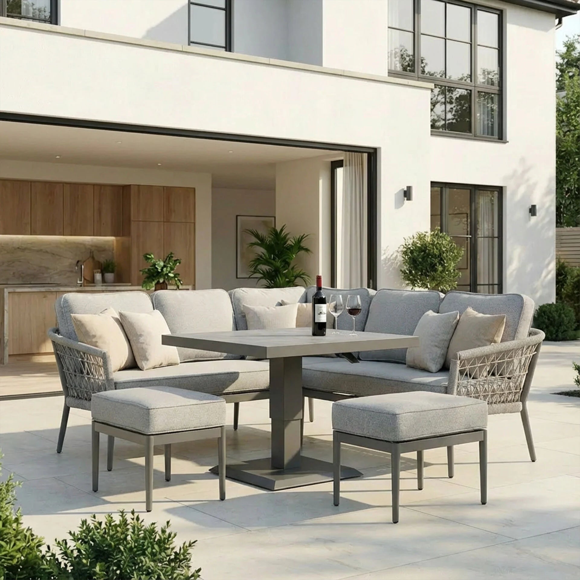 Monaco Square Corner Dining Set with Rising Table - Cool Linen