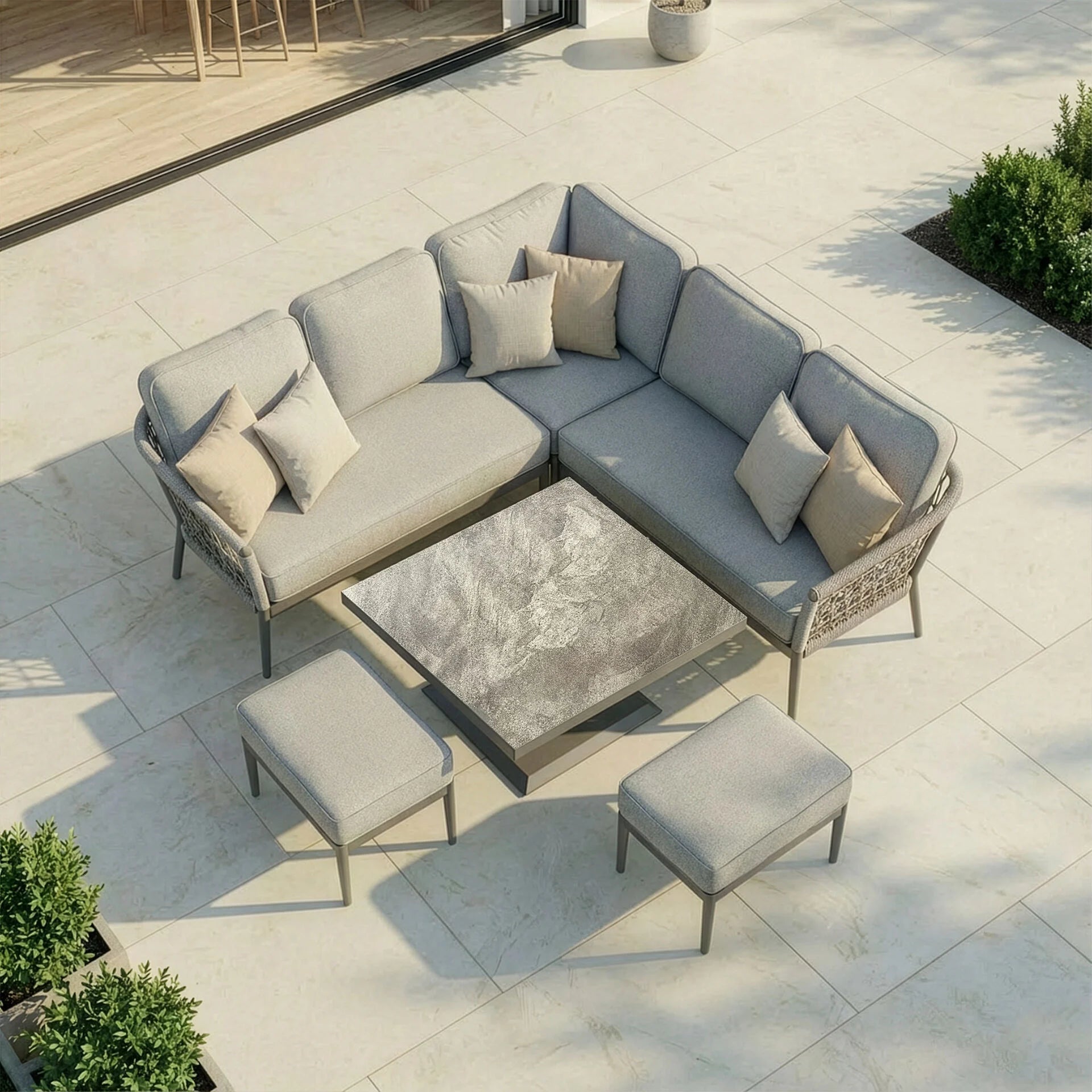 Monaco Square Corner Dining Set with Rising Table - Cool Linen