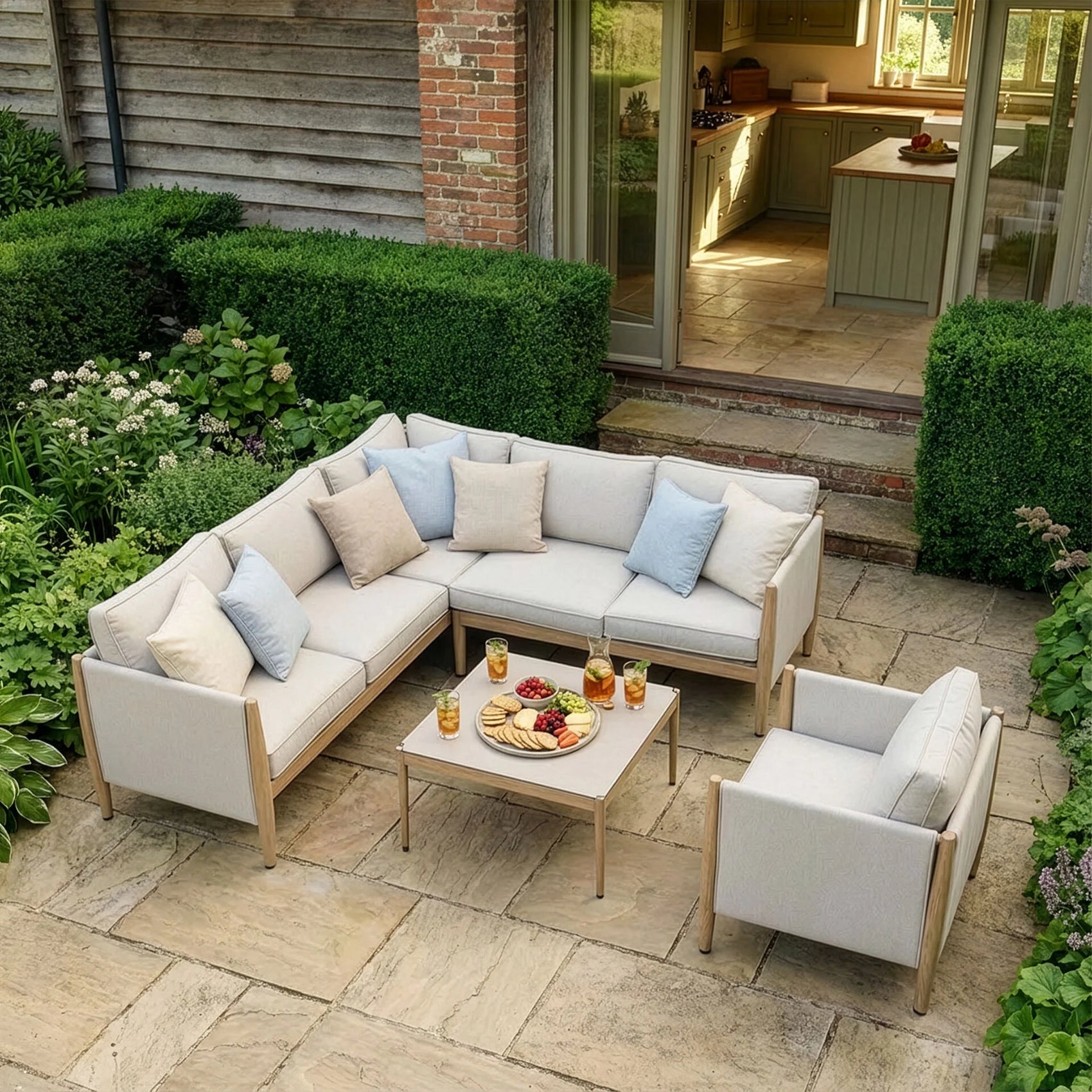Burford Small Corner Sofa Set with Armchair & Seasonsure Cushions - Almond