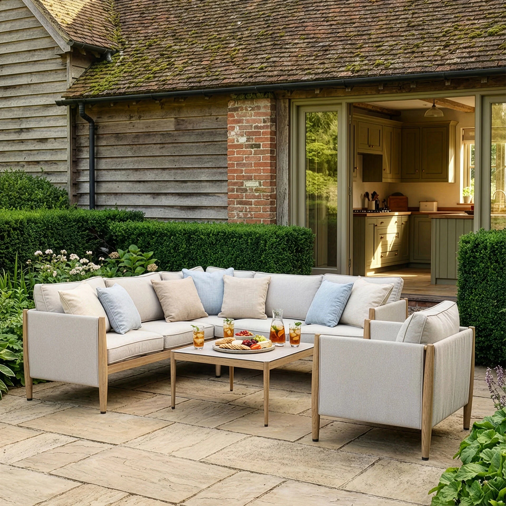 Burford Small Corner Sofa Set with Armchair & Seasonsure Cushions - Almond