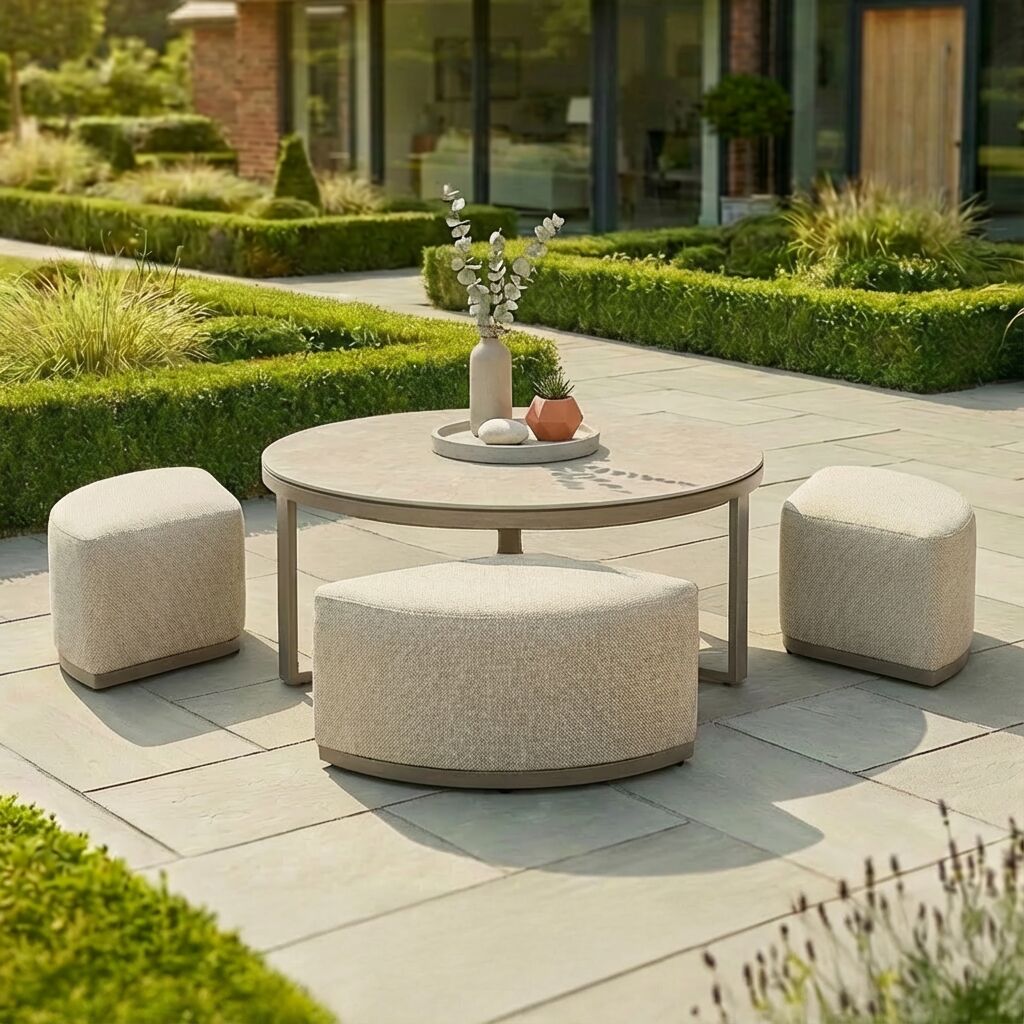 Round Coffee Table with x3 Footstools - Latte