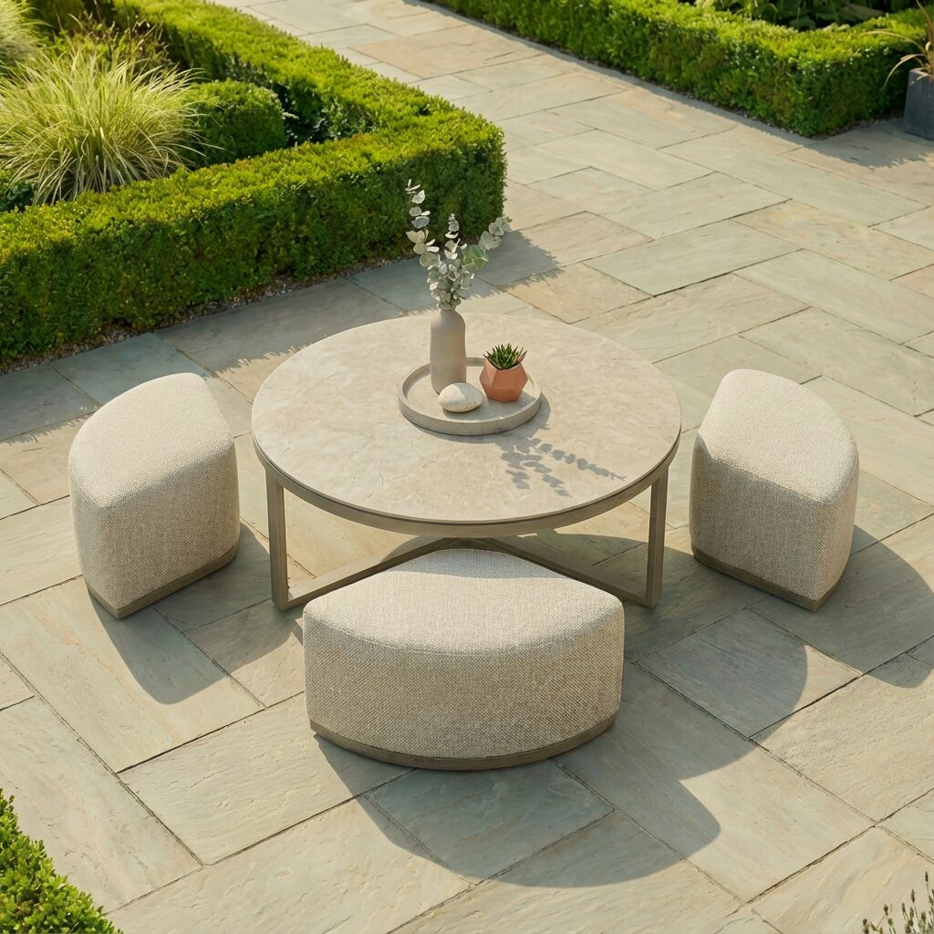 Round Coffee Table with x3 Footstools - Latte