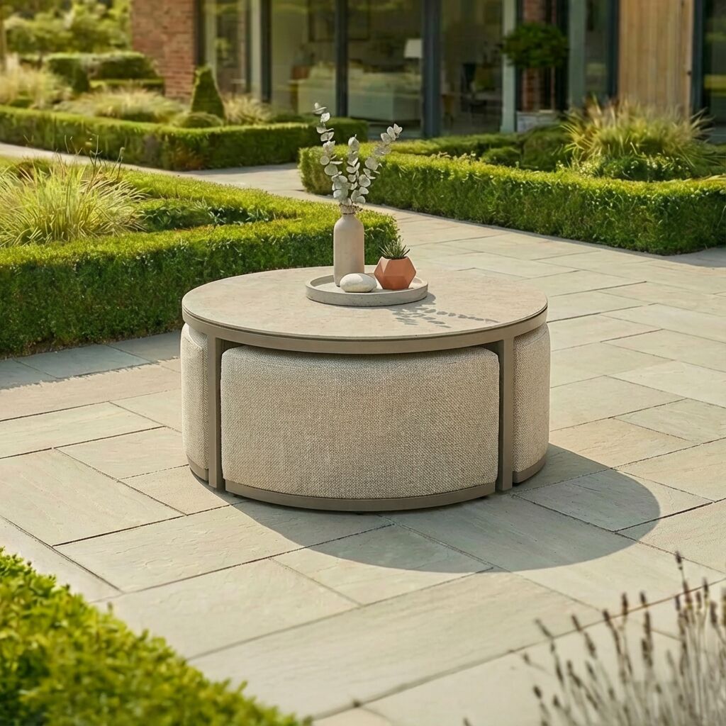 Round Coffee Table with x3 Footstools - Latte