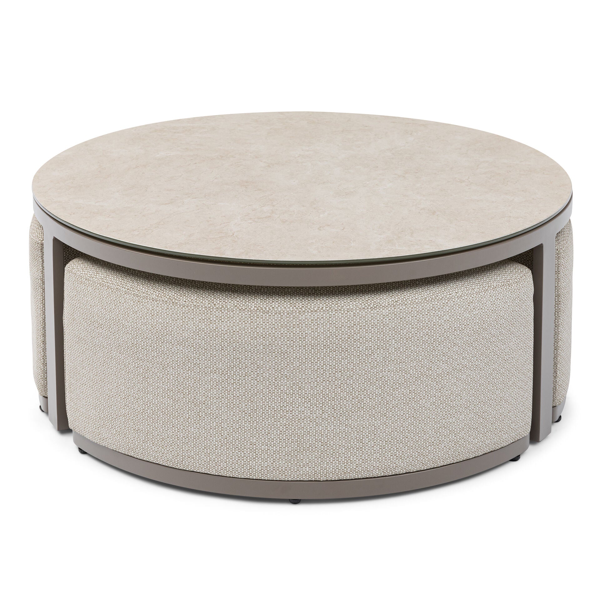 Round Coffee Table with x3 Footstools - Latte