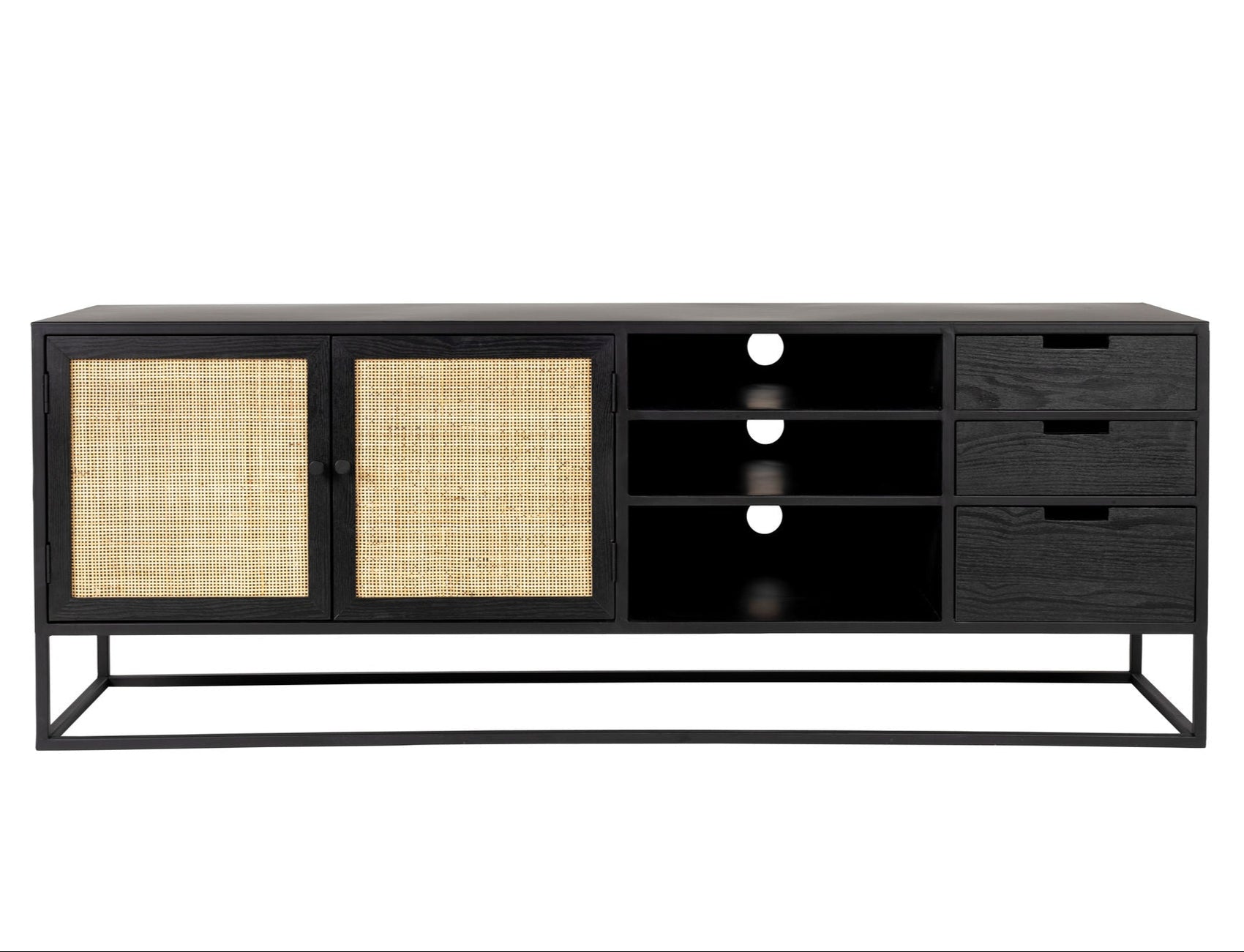 Guuji Black Wood & Natural Rattan TV Unit