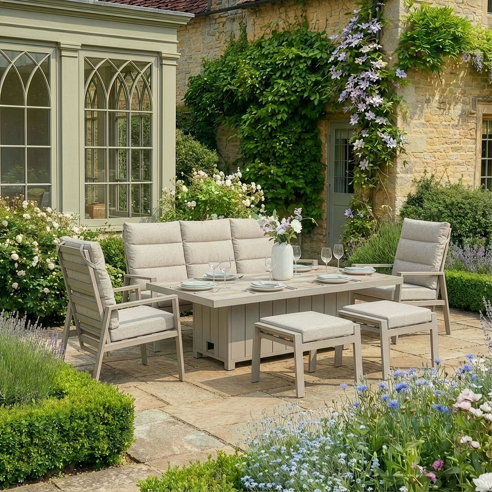 Valencia 3 Seater Reclining Sofa Set with Rising Table & Stools - Latte