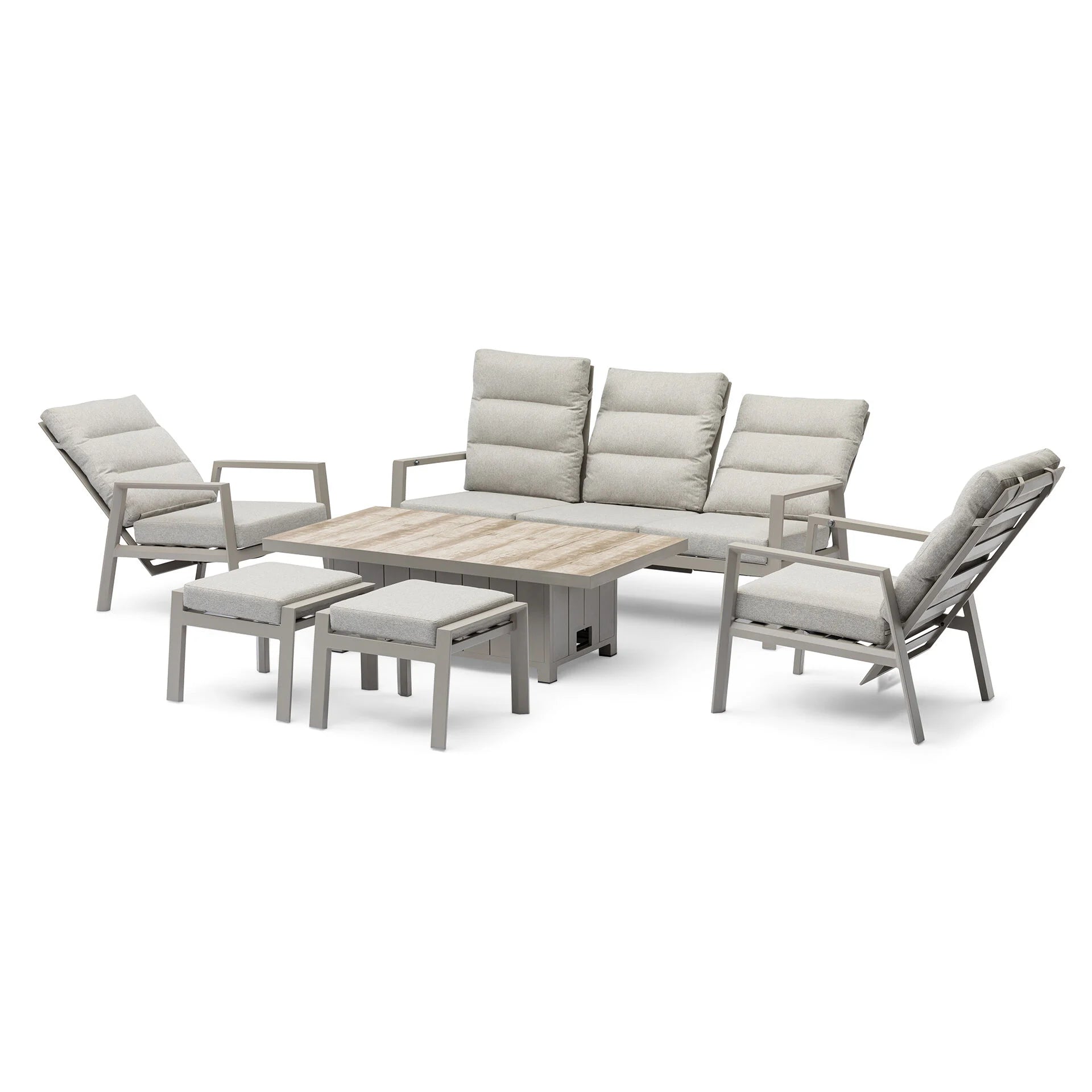 Valencia 3 Seater Reclining Sofa Set with Rising Table & Stools - Latte