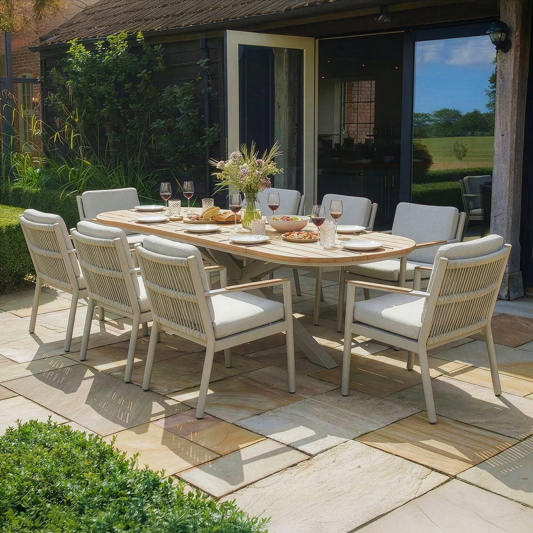 Sicily 8 Seater Rectangular Table with Rope Chairs - Latte Frame-Latte Cushions