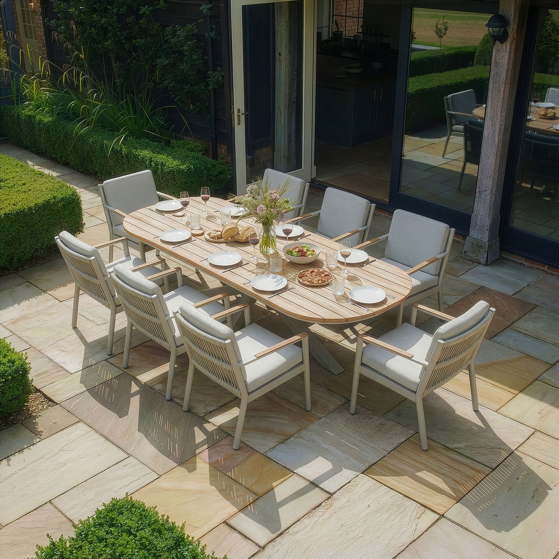 Sicily 8 Seater Rectangular Table with Rope Chairs - Latte Frame-Latte Cushions