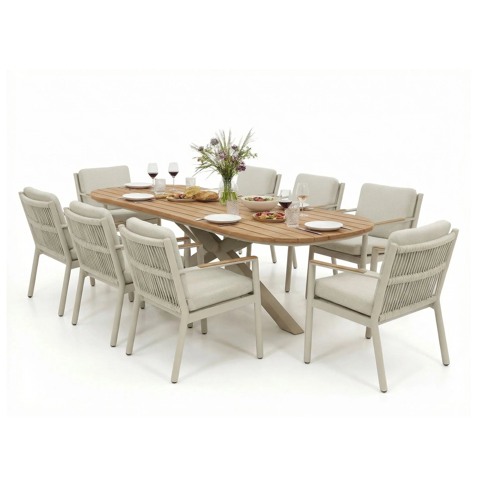 Sicily 8 Seater Rectangular Table with Rope Chairs - Latte Frame-Latte Cushions