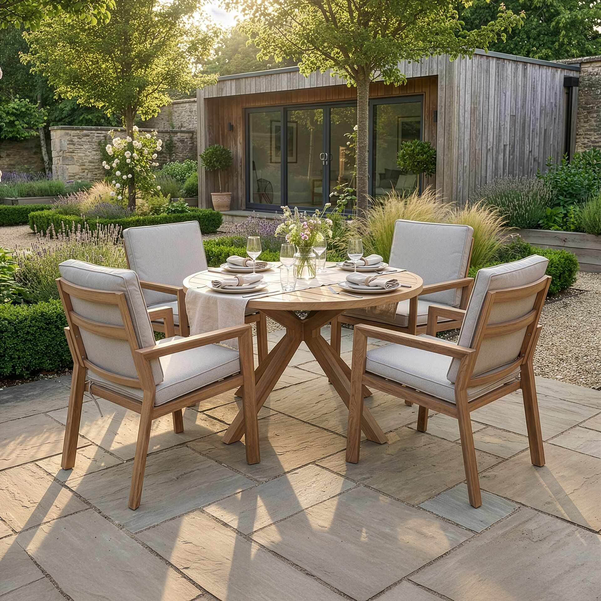 New York 4 Seater Round Dining Set - Wood Effect