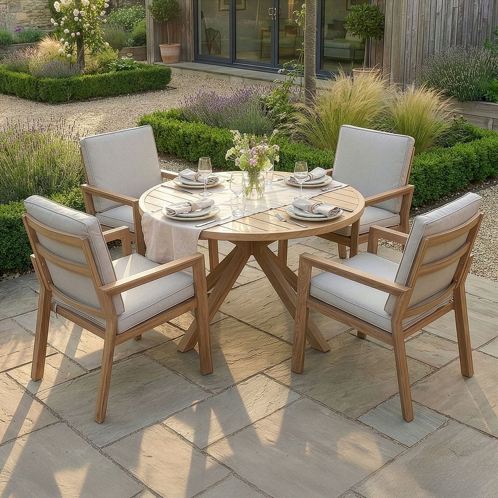 New York 4 Seater Round Dining Set - Wood Effect