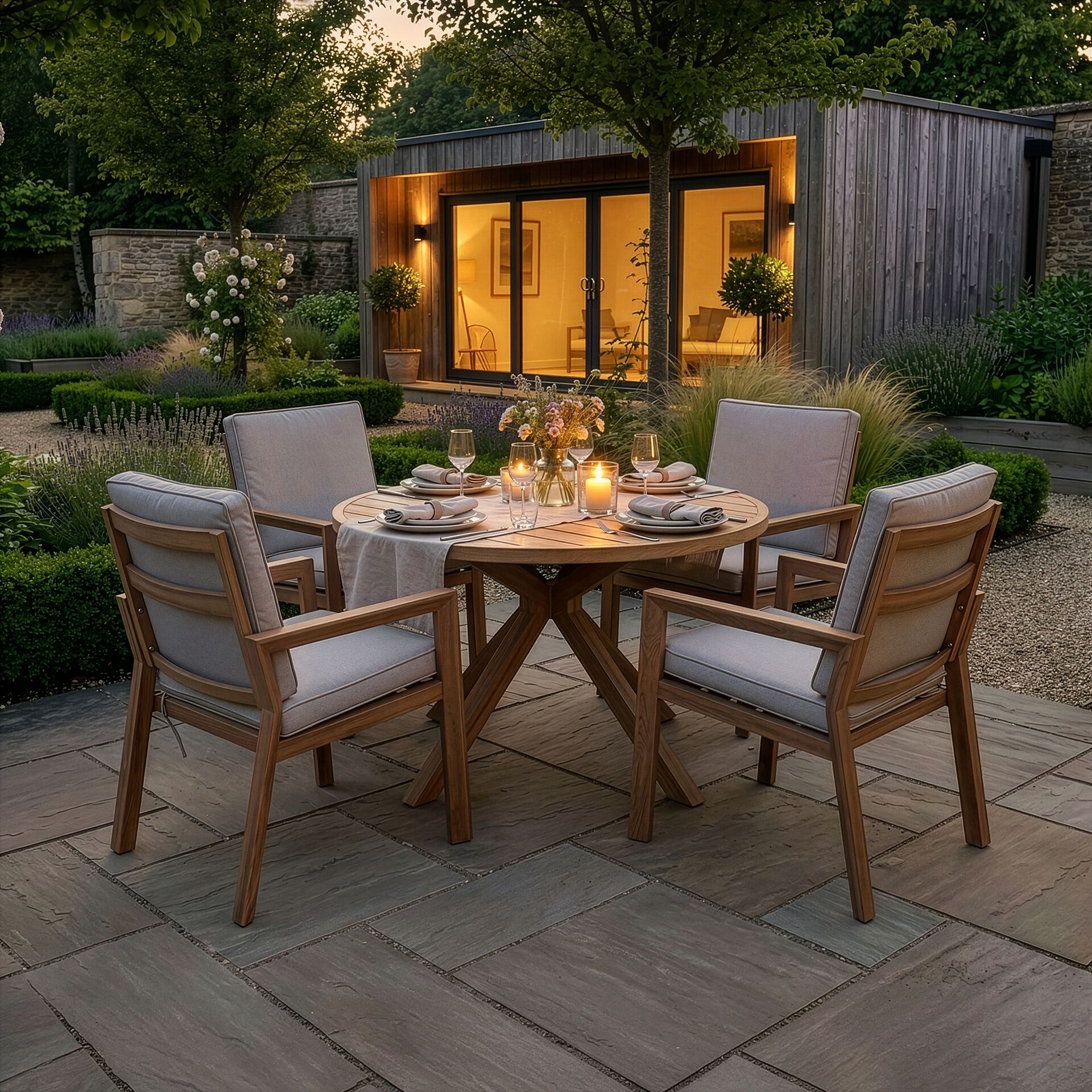 New York 4 Seater Round Dining Set - Wood Effect