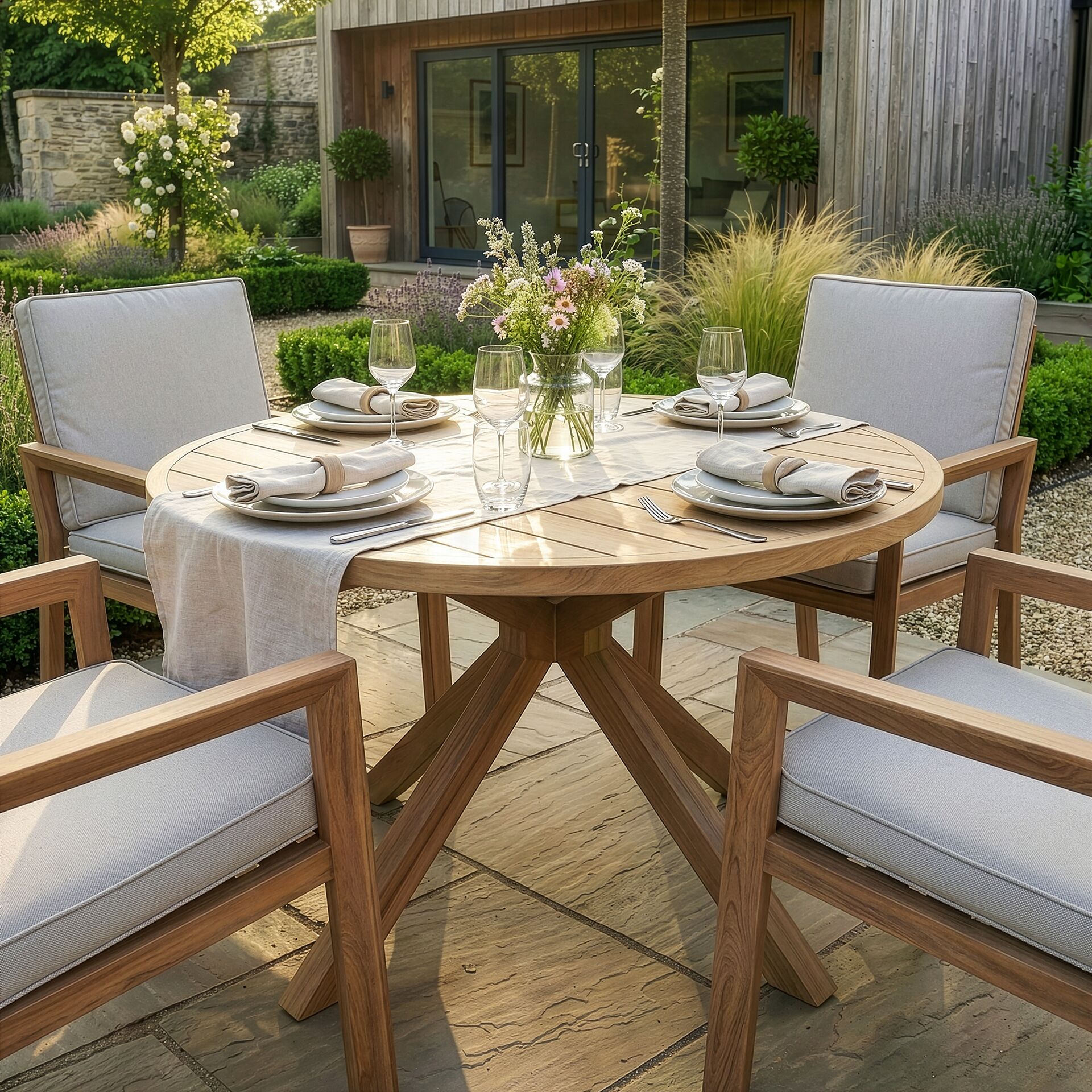 New York 4 Seater Round Dining Set - Wood Effect