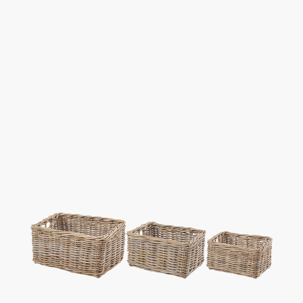 Set of 3 Tobs Grey Kubu Rattan Rectangular Storage Baskets with Inset Handles