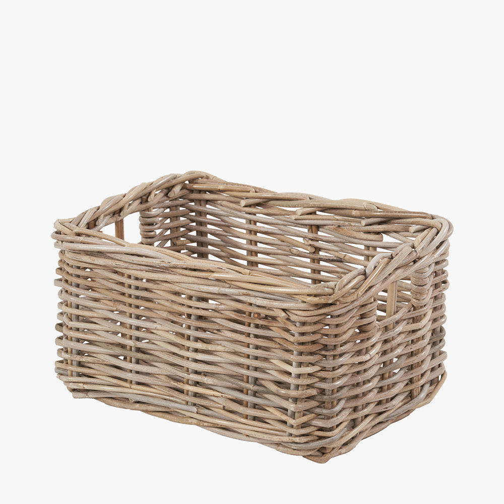 Set of 3 Tobs Grey Kubu Rattan Rectangular Storage Baskets with Inset Handles