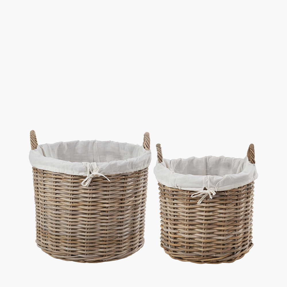 Set of 2 Tobs Grey Kubu Rattan Lined Round Log Baskets