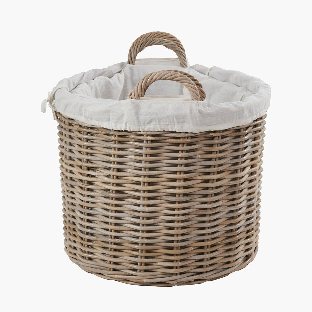 Set of 2 Tobs Grey Kubu Rattan Lined Round Log Baskets