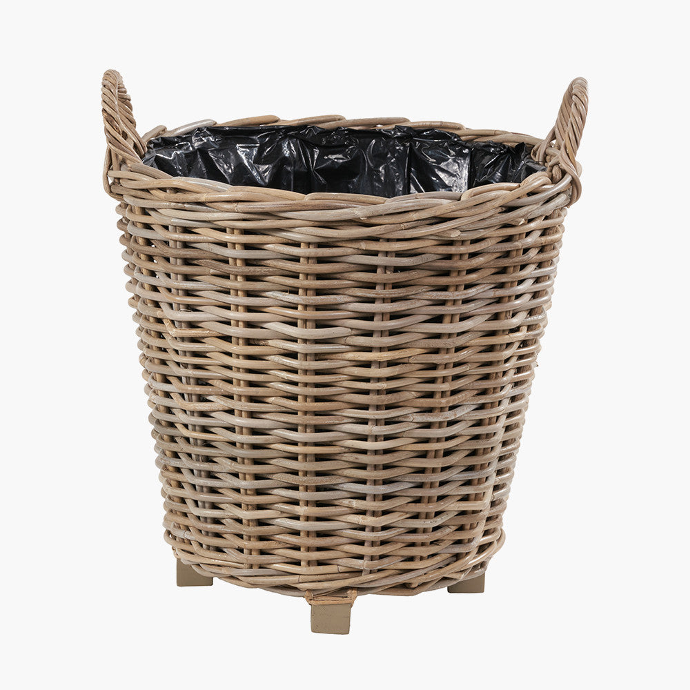Tobs Indoor Outdoor Grey Kubu Rattan Round Basket Planter with Handles