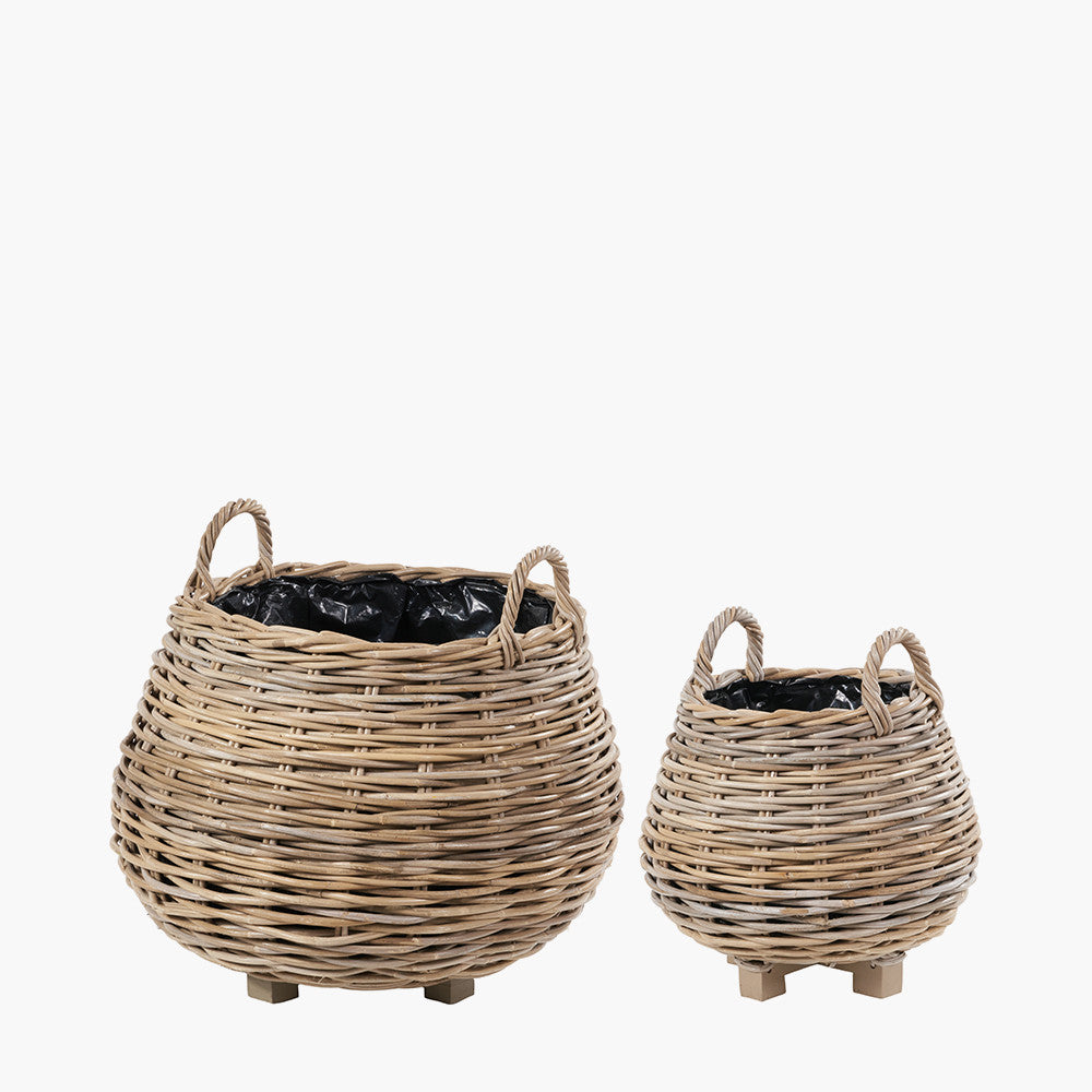 Set of 2 Tobs Indoor Outdoor Grey Kubu Rattan Bulbous Basket Planters