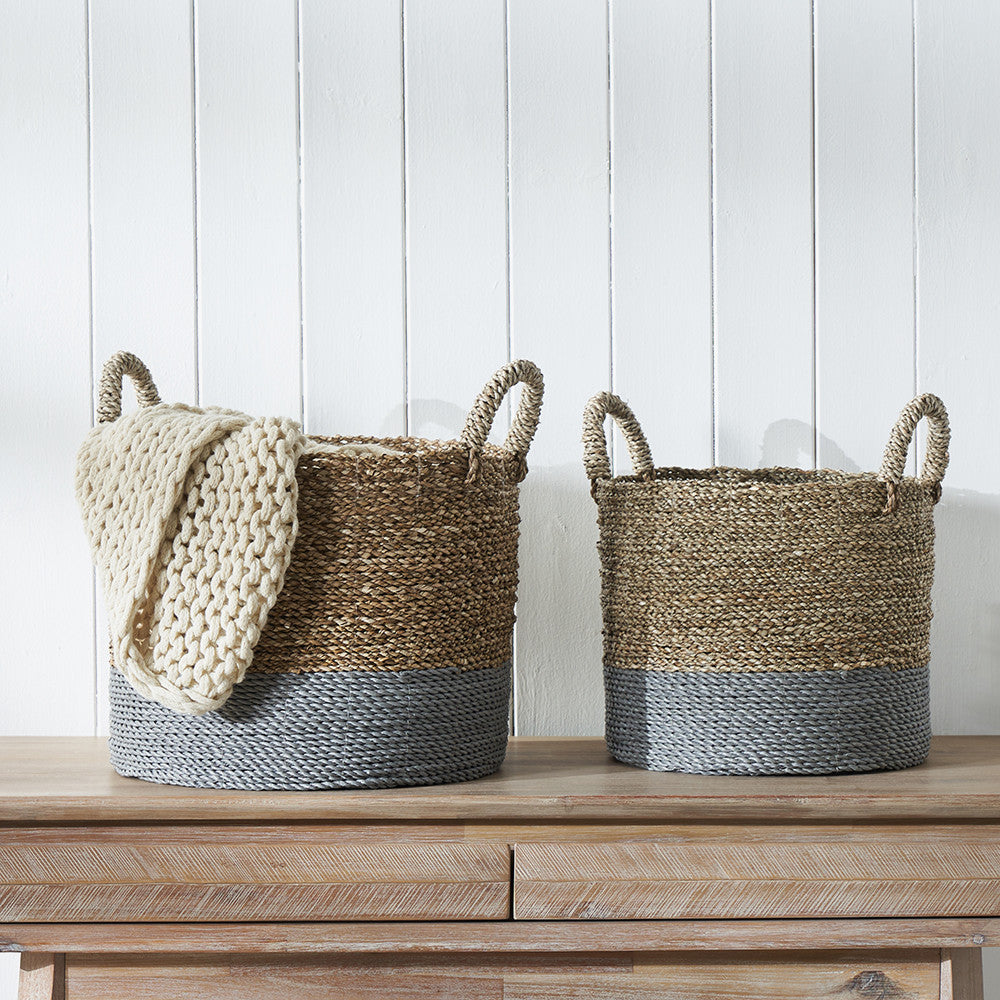 Set of 2 Banana Leaf Two Tone Natural & Grey Baskets