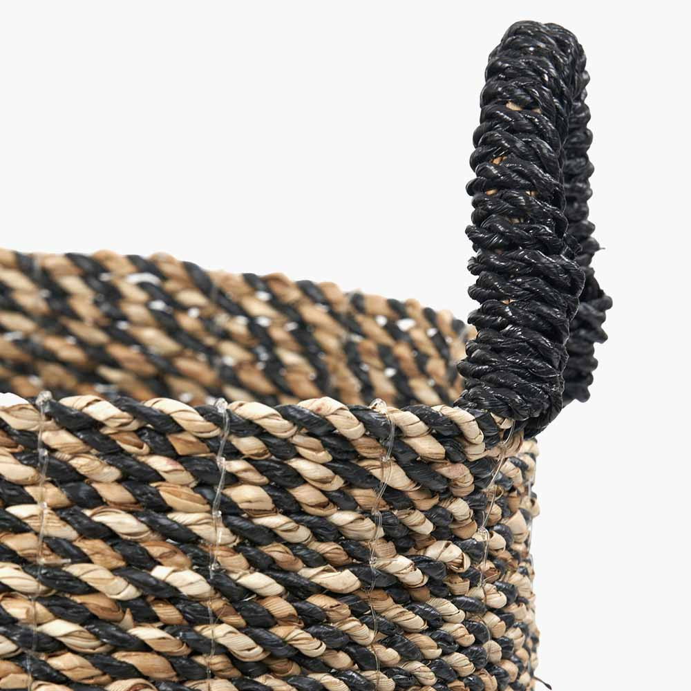 Set of 2 Seagrass Natural & Black Round Handled Baskets