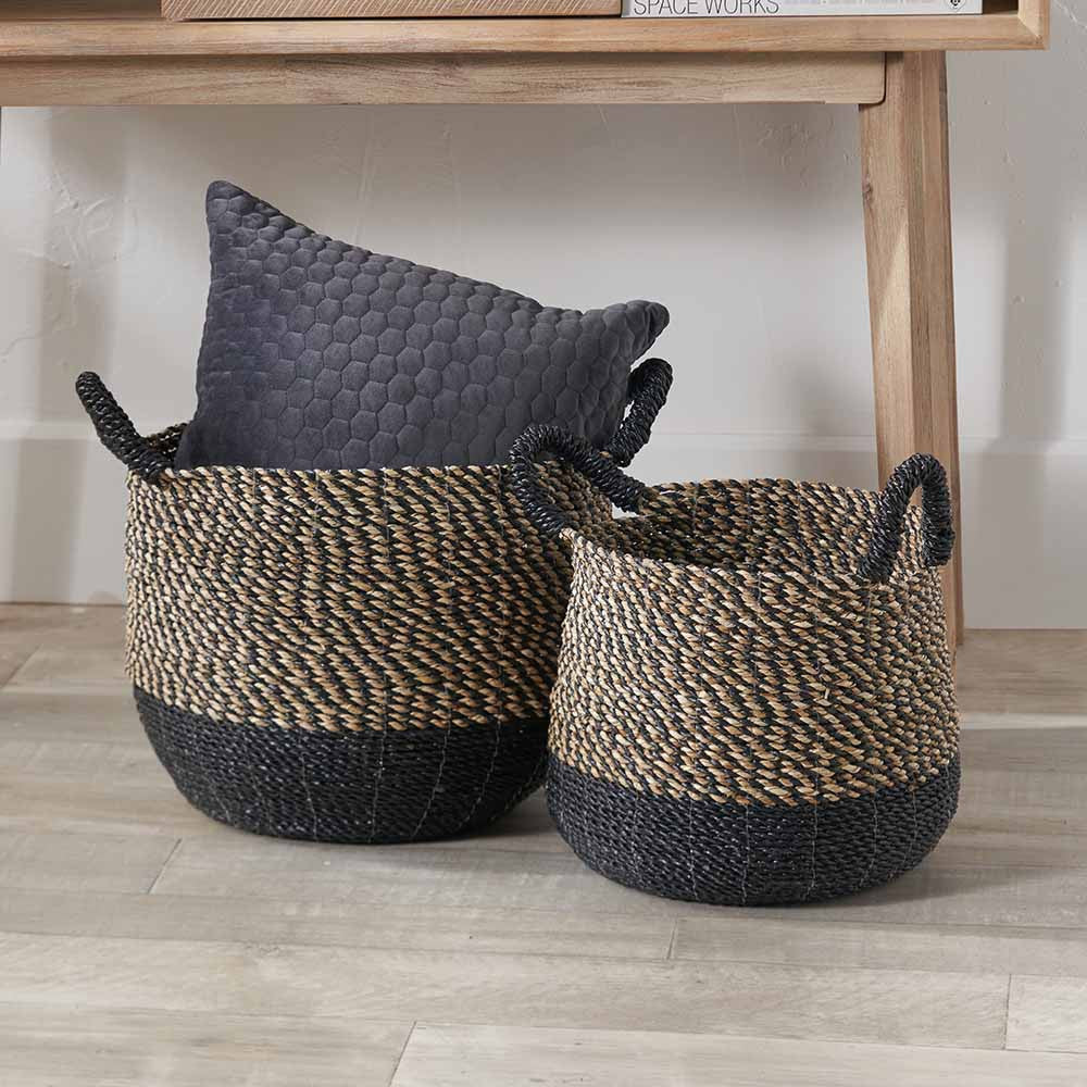 Set of 2 Seagrass Natural & Black Round Handled Baskets