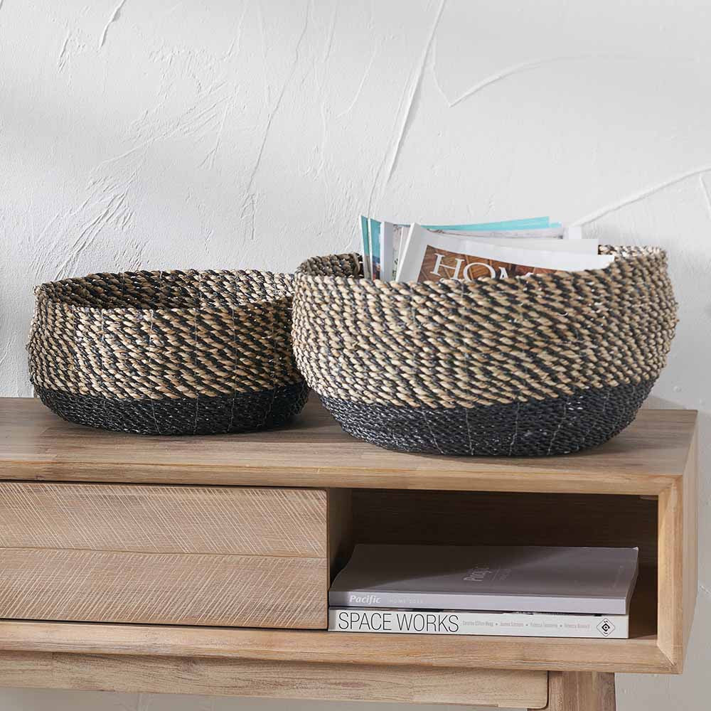 Set of 2 Seagrass Natural & Black Round Baskets