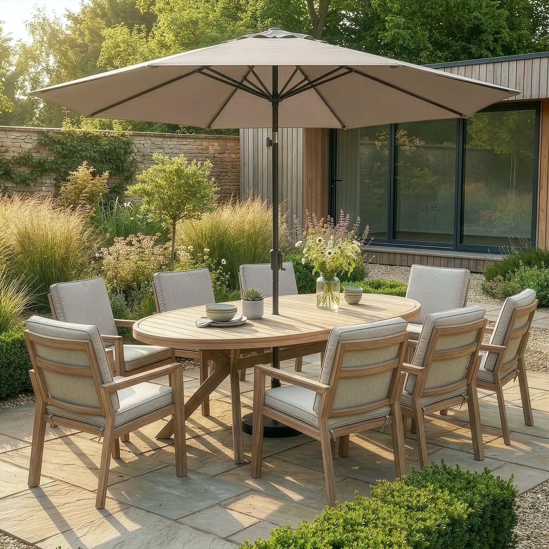 New York 8 Seater Oval Dining Set - Wood Effect