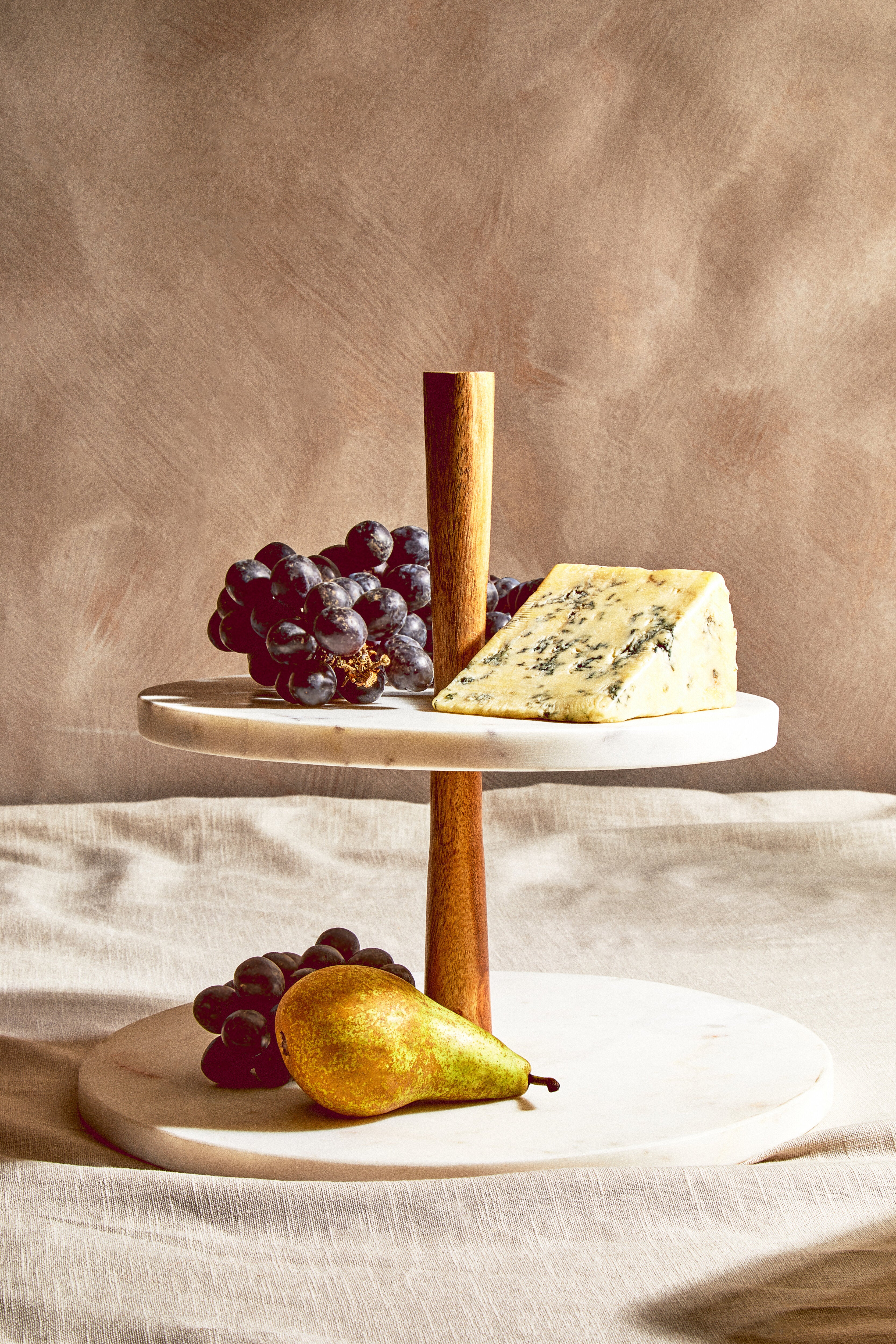 Burano White Marble & Acacia Wood 2 Tier Cake Stand