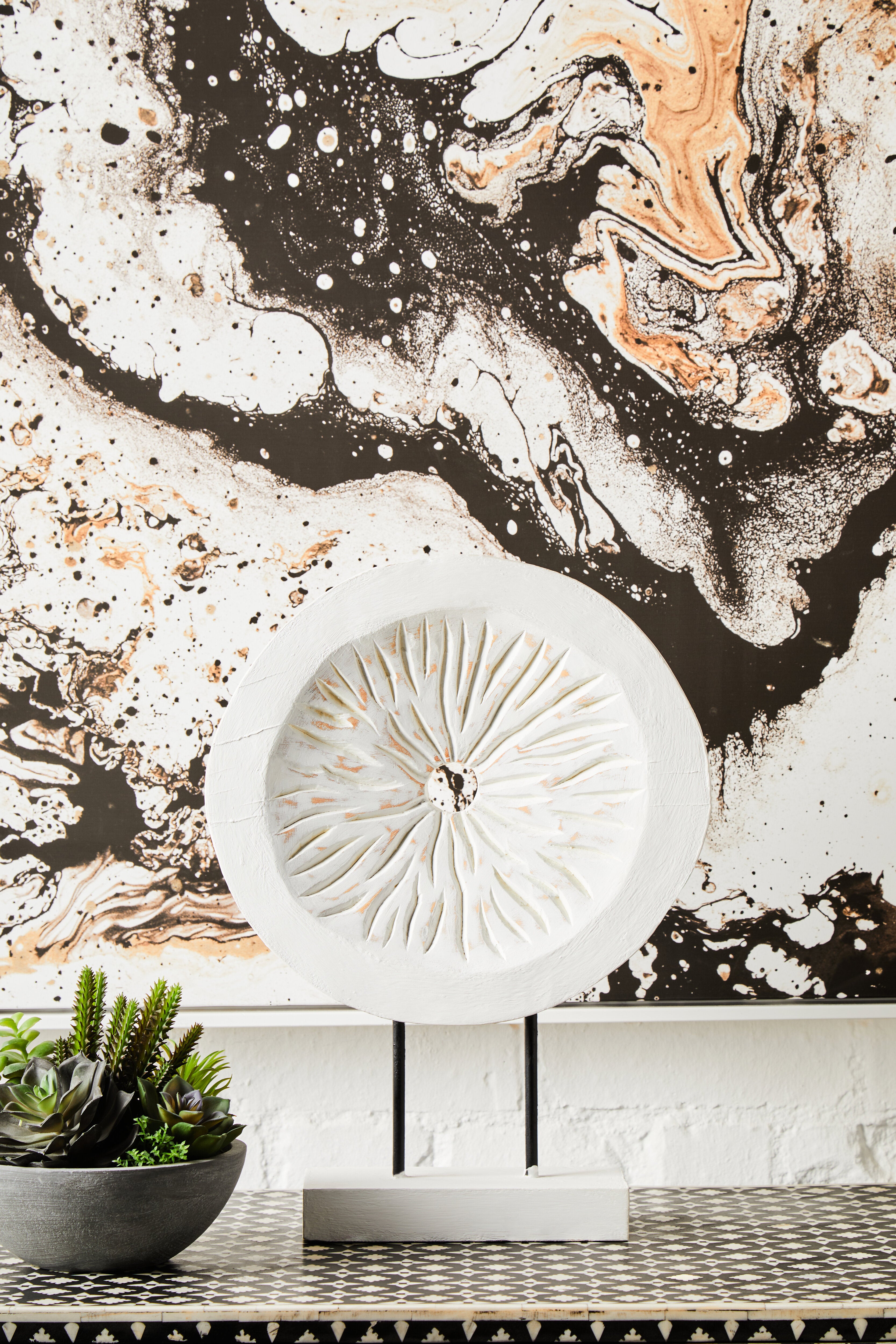 Osprey Distressed White Carved Wood Round Sculpture | Small