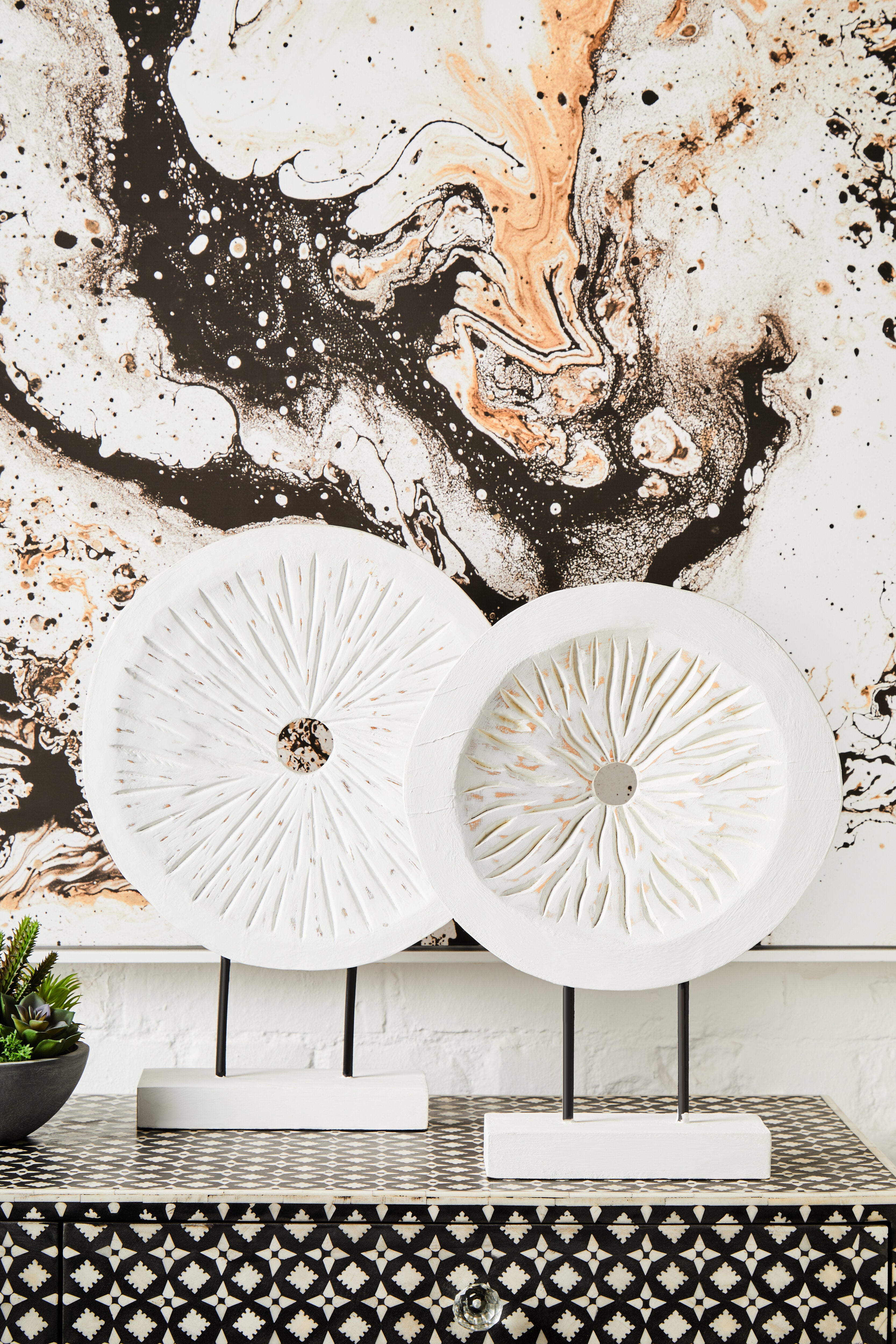 Osprey Distressed White Carved Wood Round Sculpture | Small