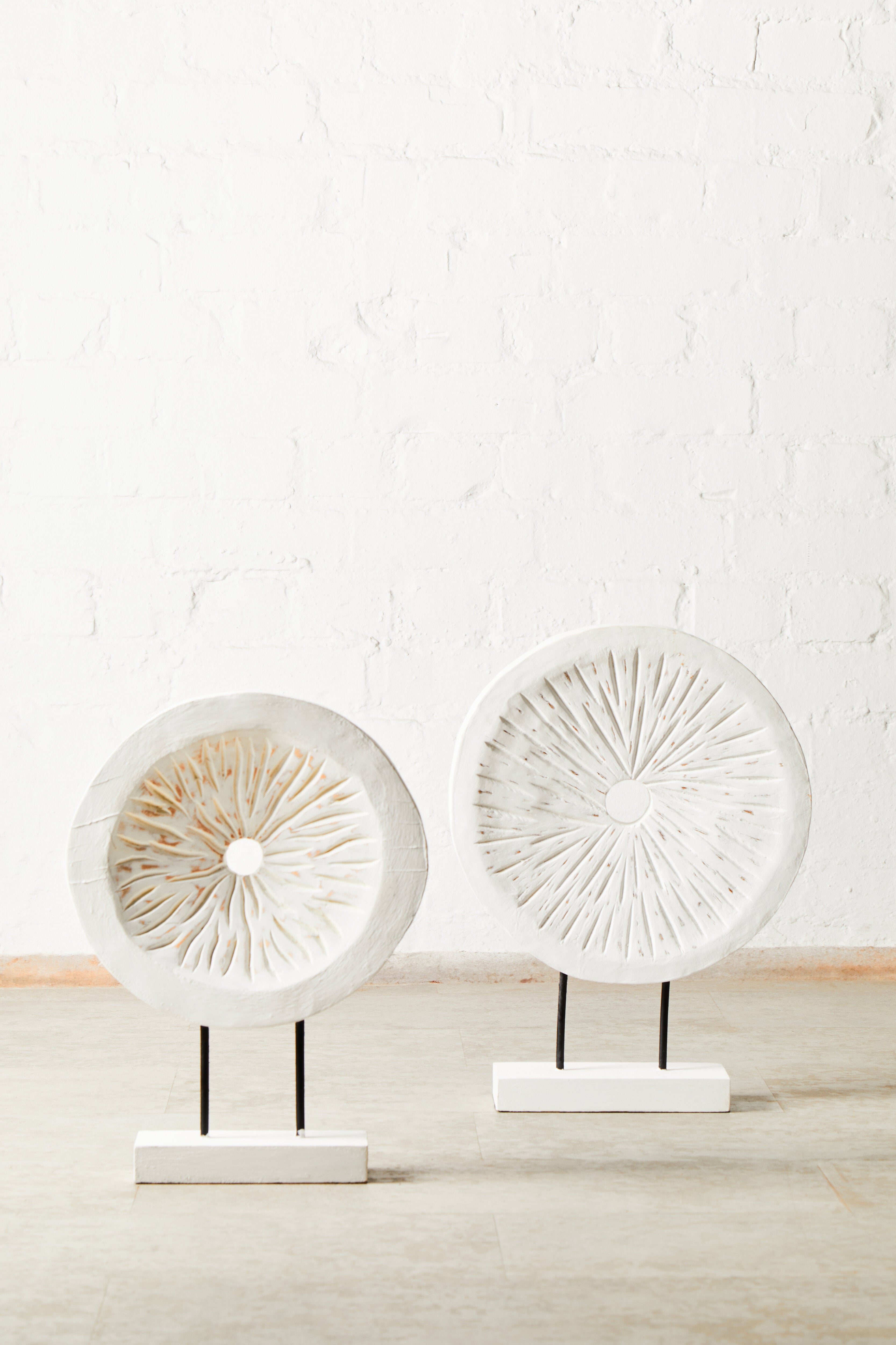 Osprey Distressed White Carved Wood Round Sculpture | Small