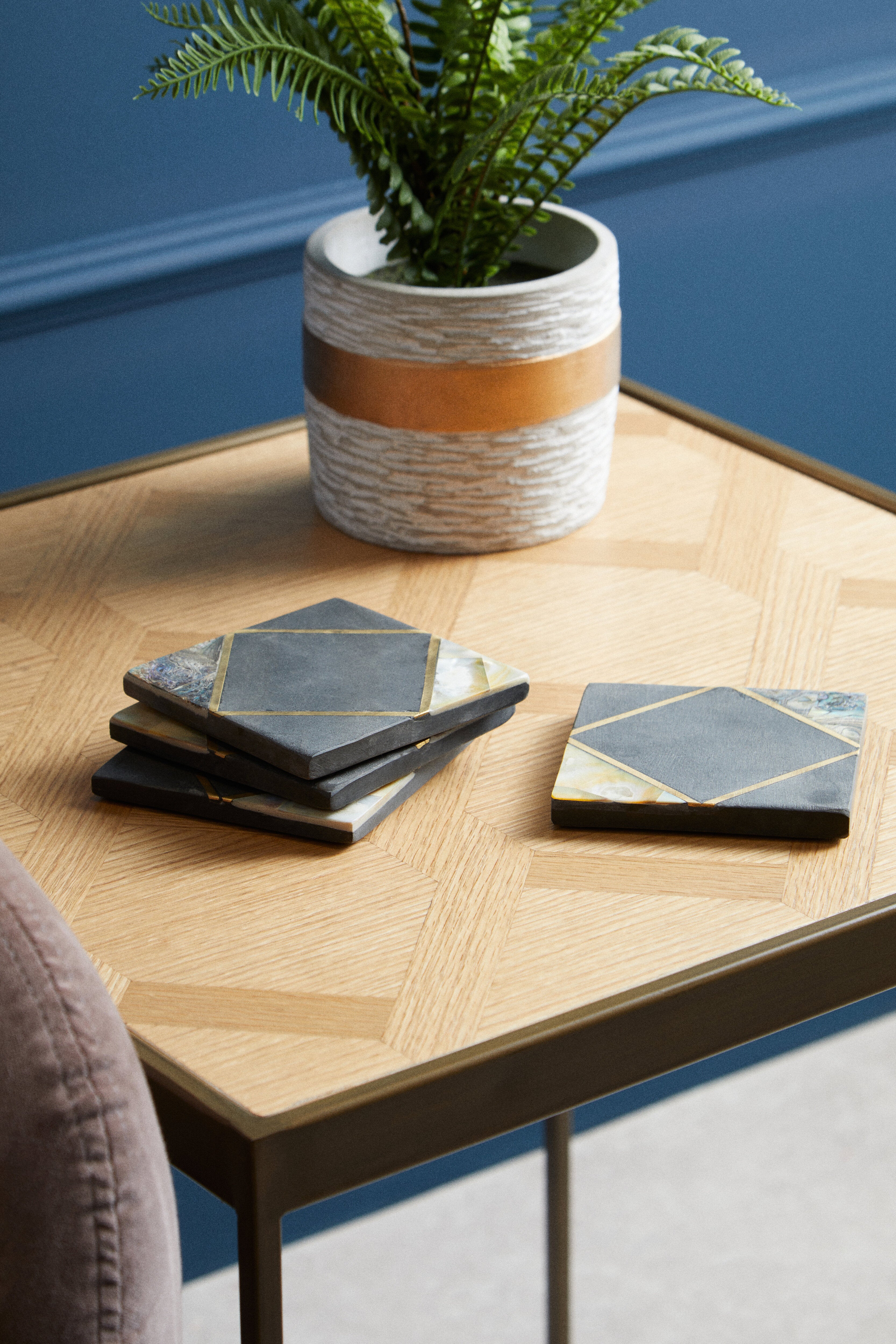Set of 4 Martini Black Slate & Gold Square Coasters