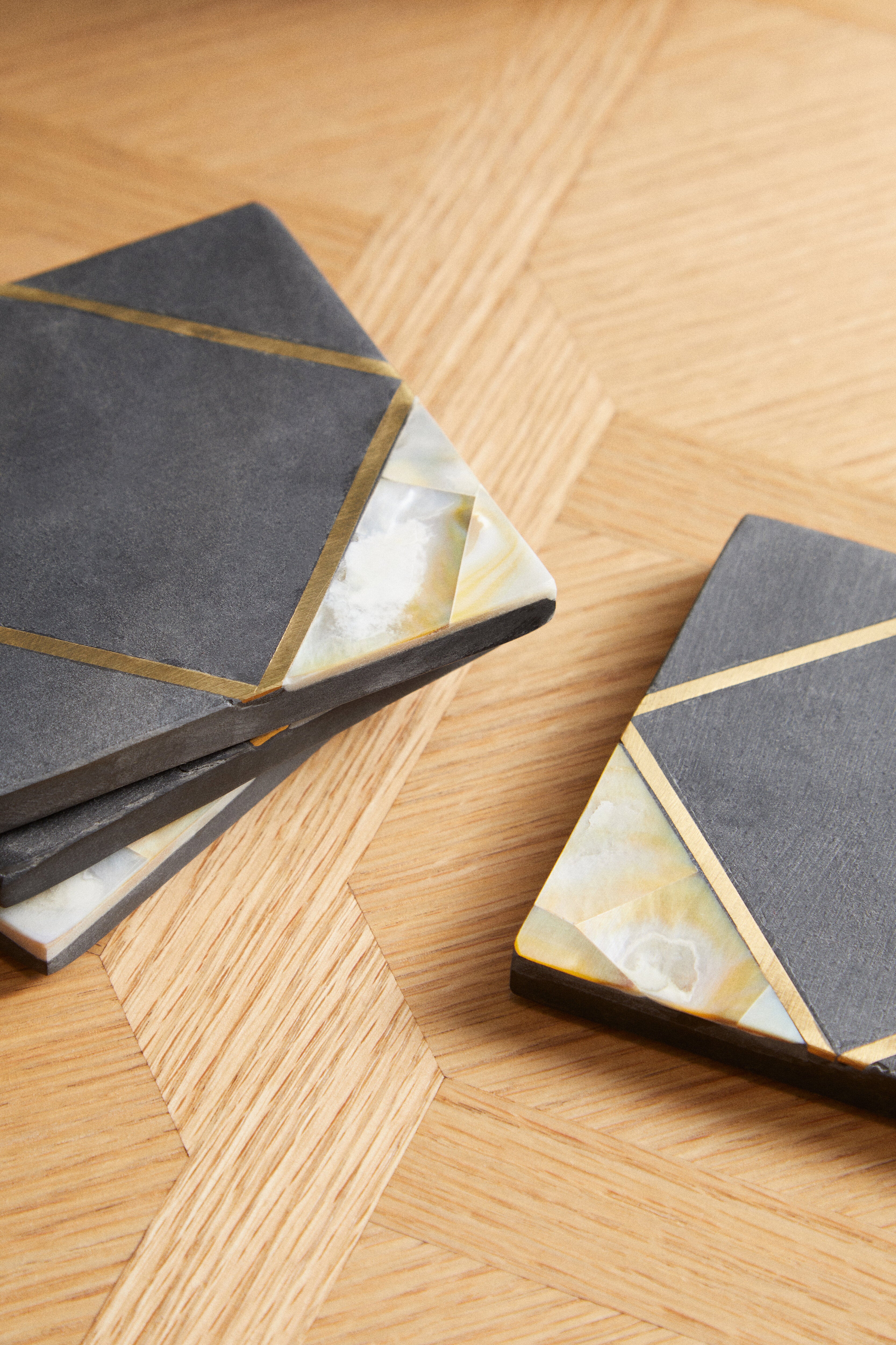 Set of 4 Martini Black Slate & Gold Square Coasters