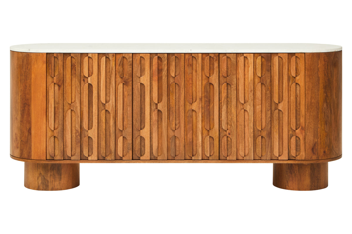 Chiara Carved Brown Mango Wood & White Marble Sideboard | 3 Doors