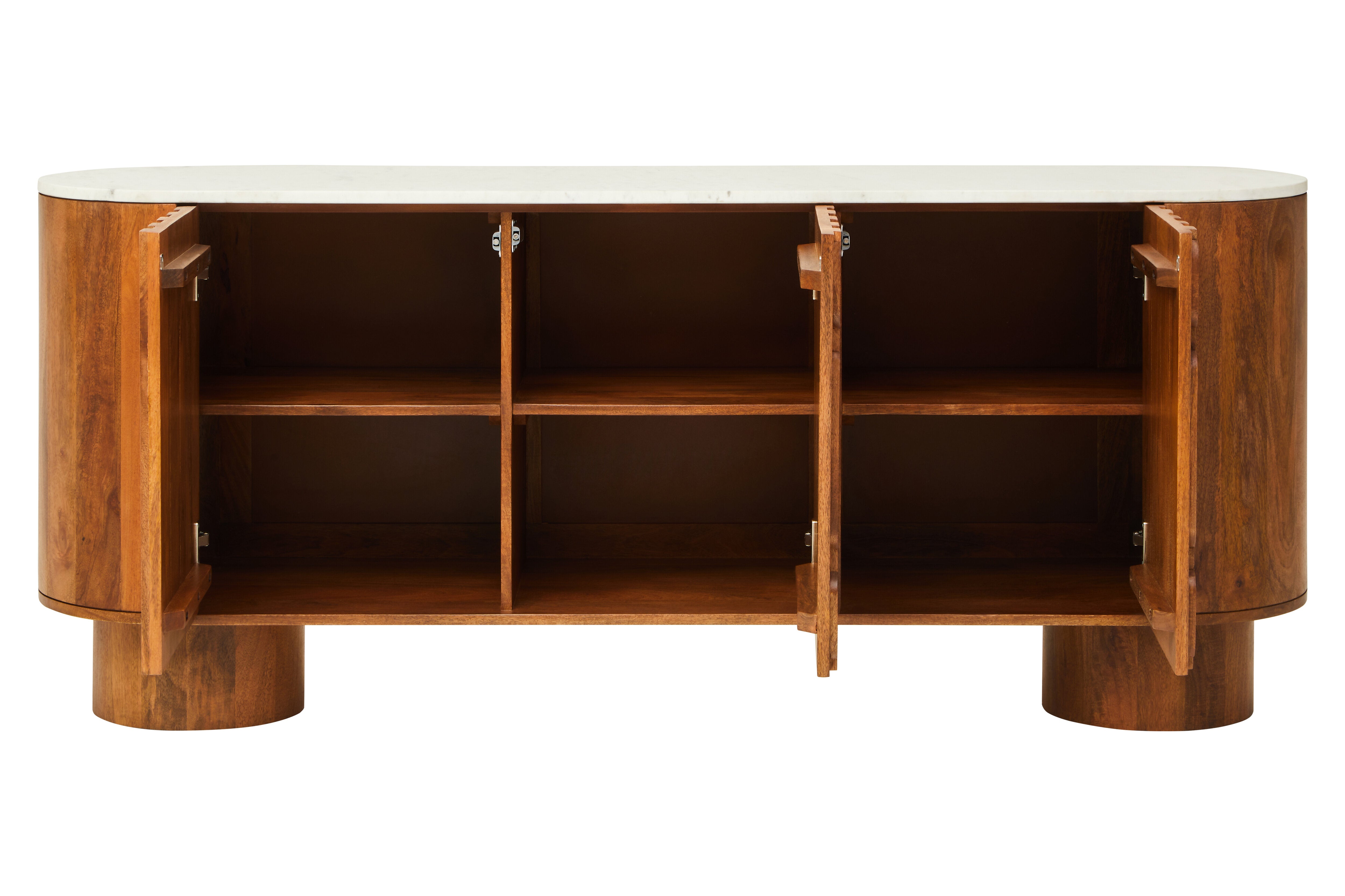 Chiara Carved Brown Mango Wood & White Marble Sideboard | 3 Doors