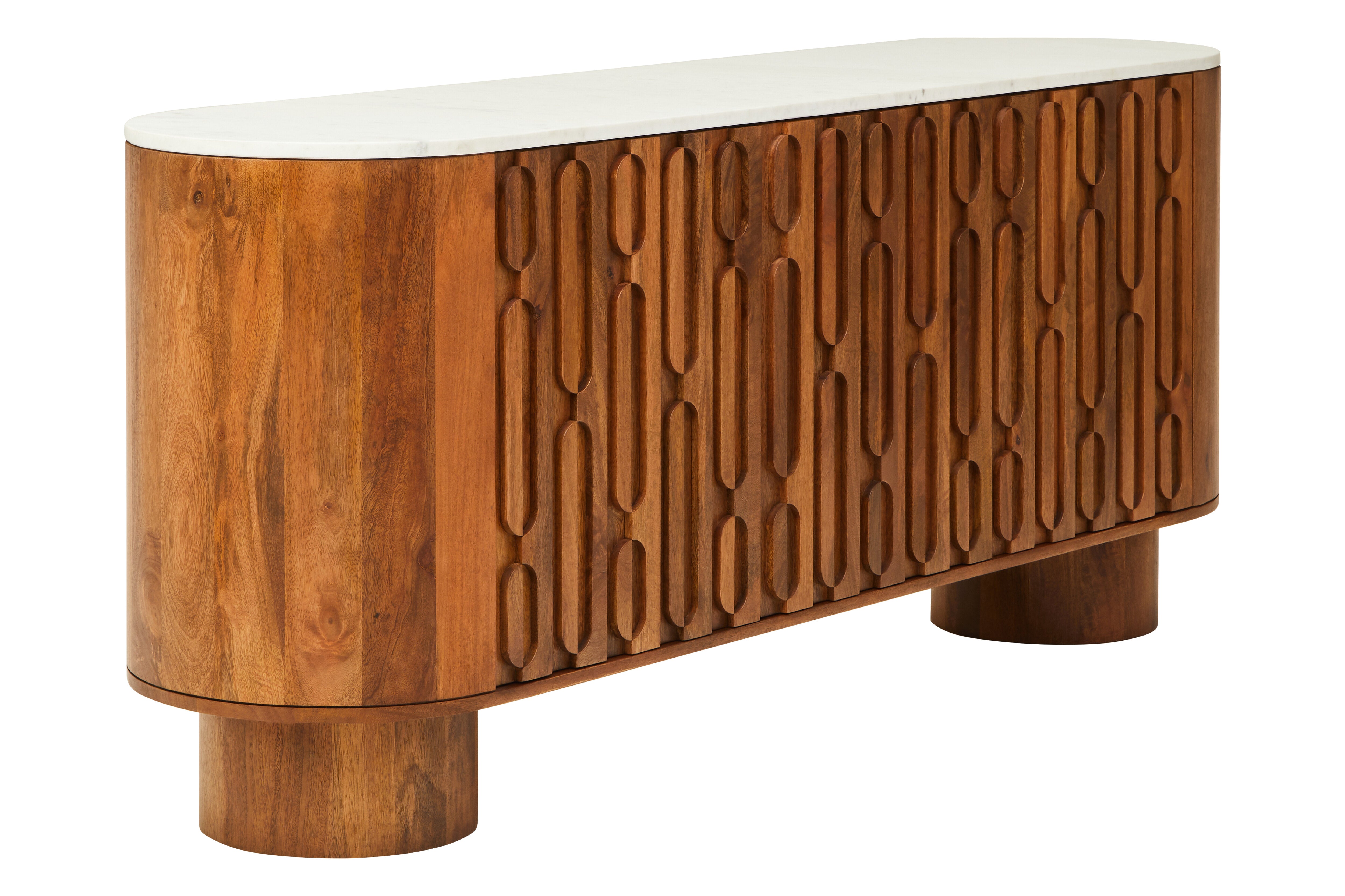 Chiara Carved Brown Mango Wood & White Marble Sideboard | 3 Doors