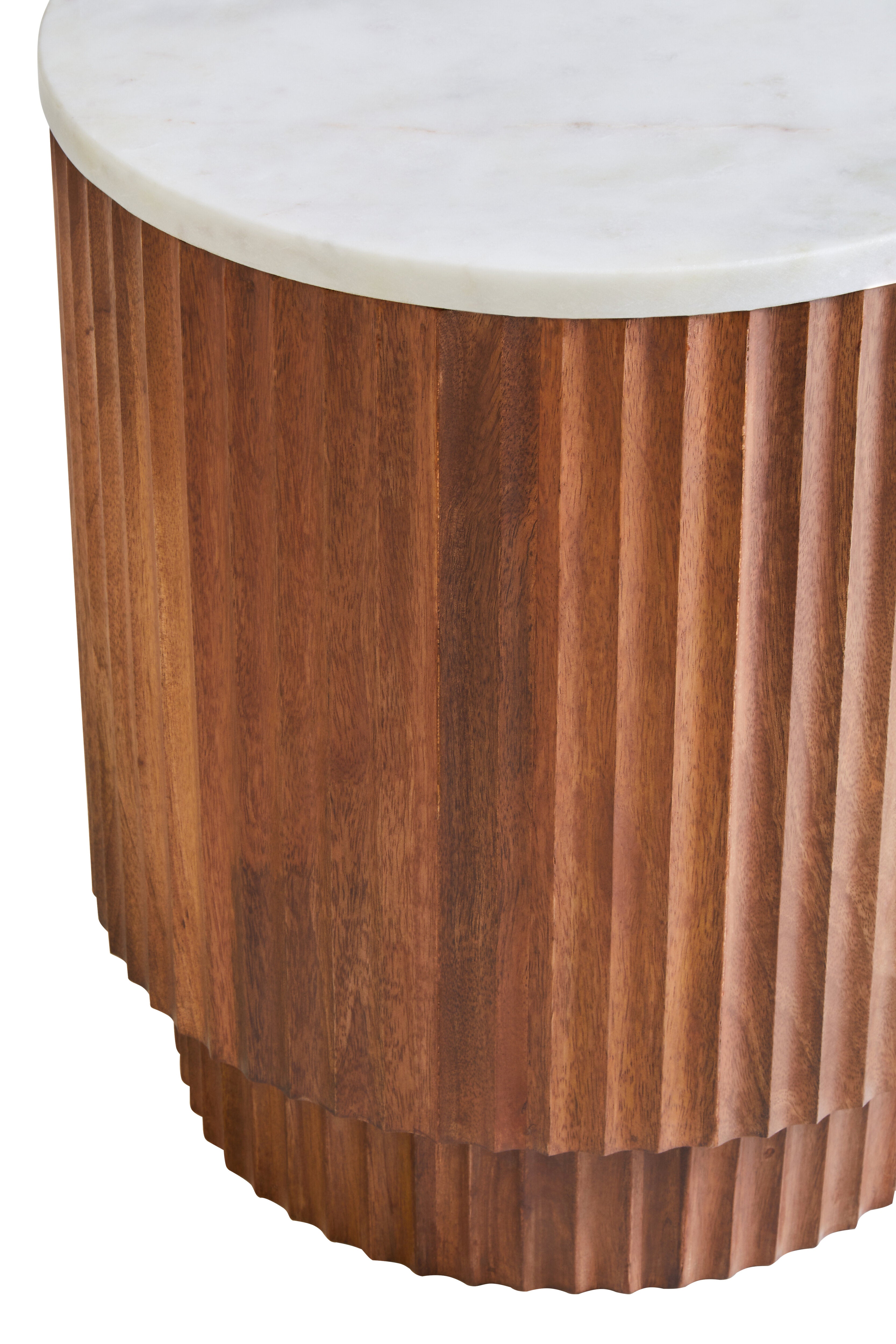Chiara Carved Brown Mango Wood & White Marble Drum Side Table