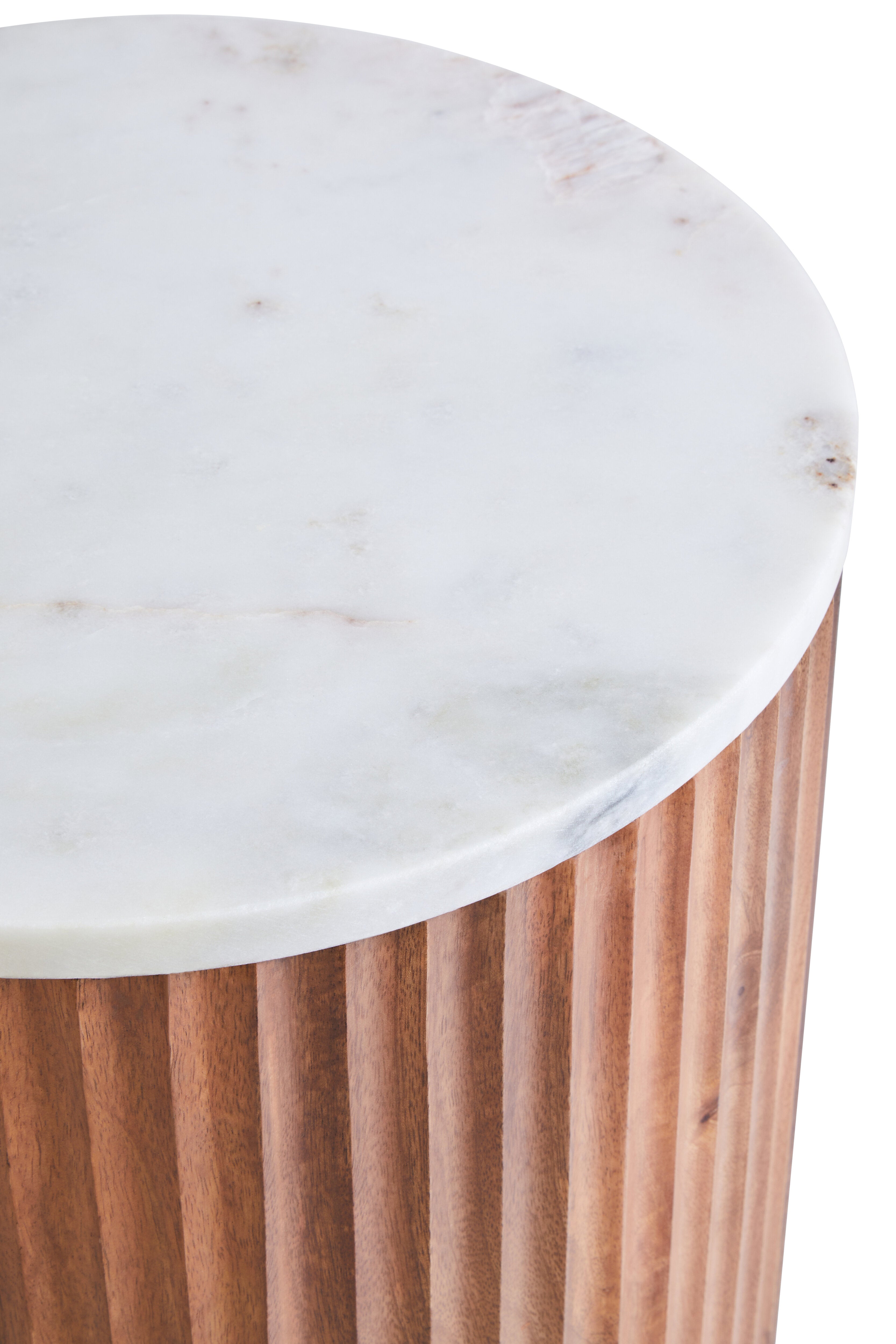 Chiara Carved Brown Mango Wood & White Marble Drum Side Table