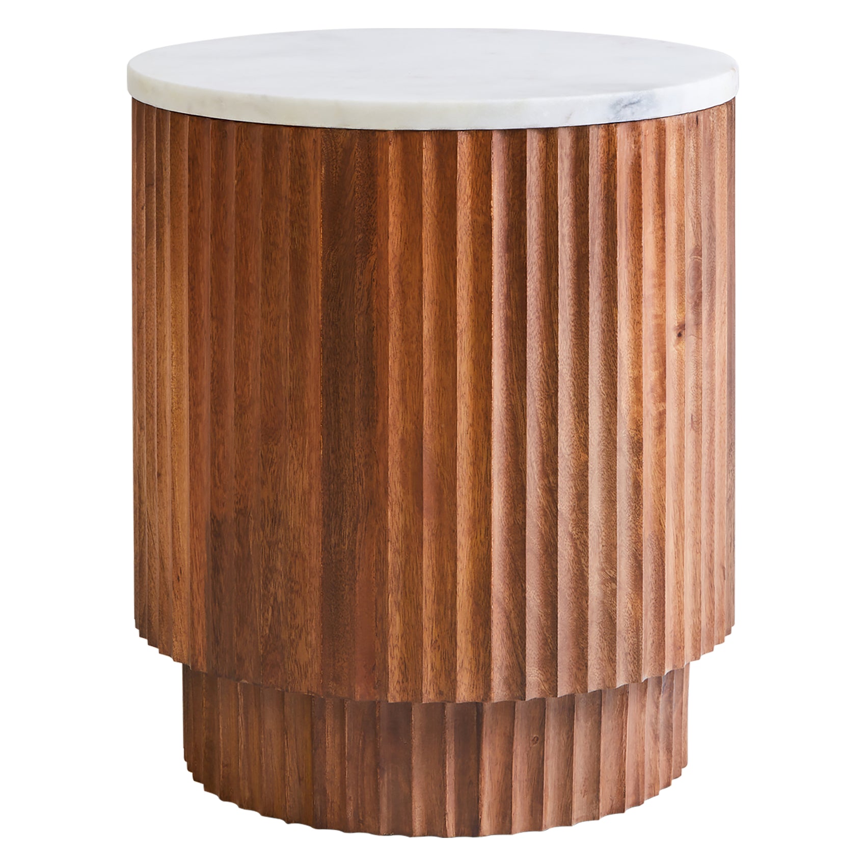 Chiara Carved Brown Mango Wood & White Marble Drum Side Table