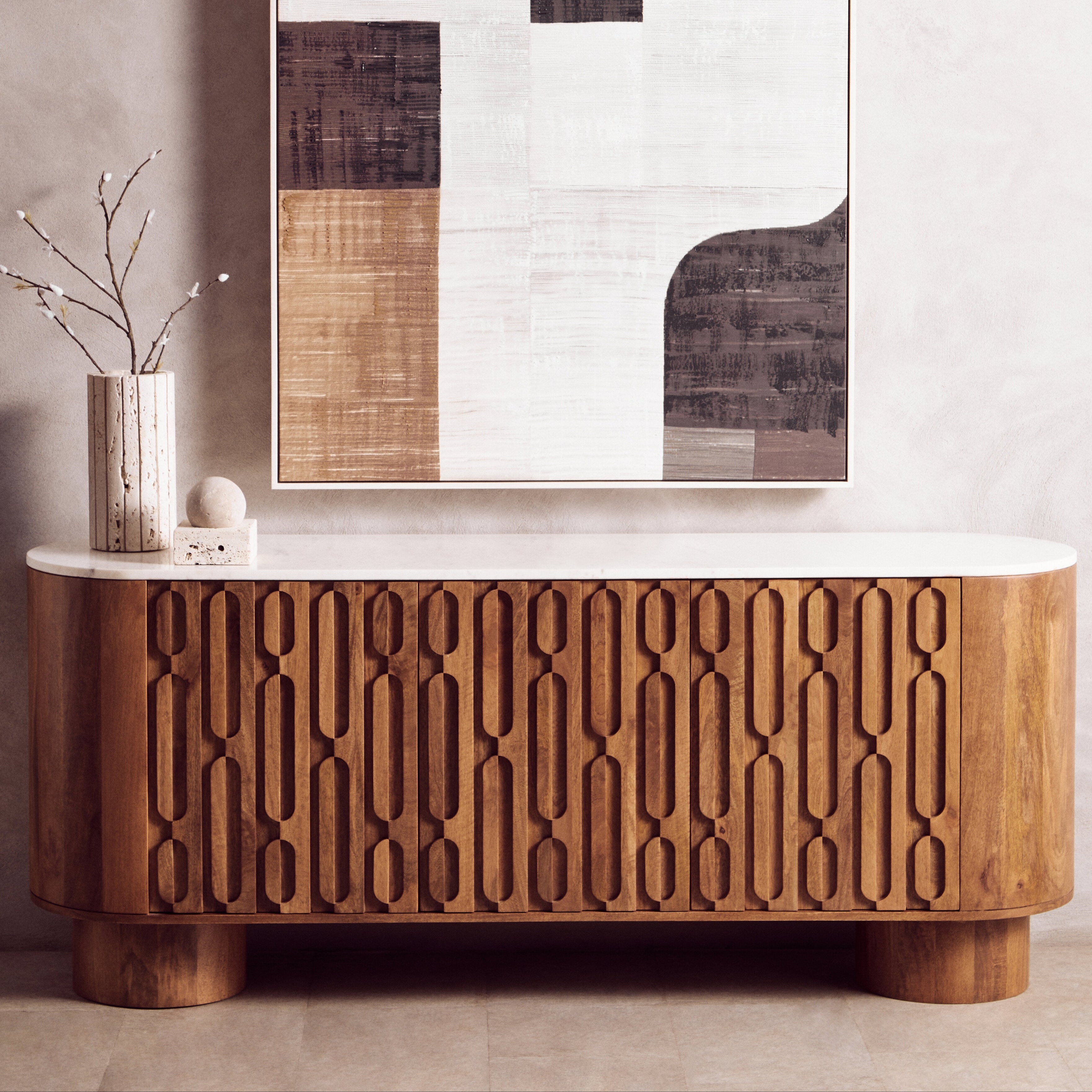Chiara Carved Brown Mango Wood & White Marble Sideboard | 3 Doors