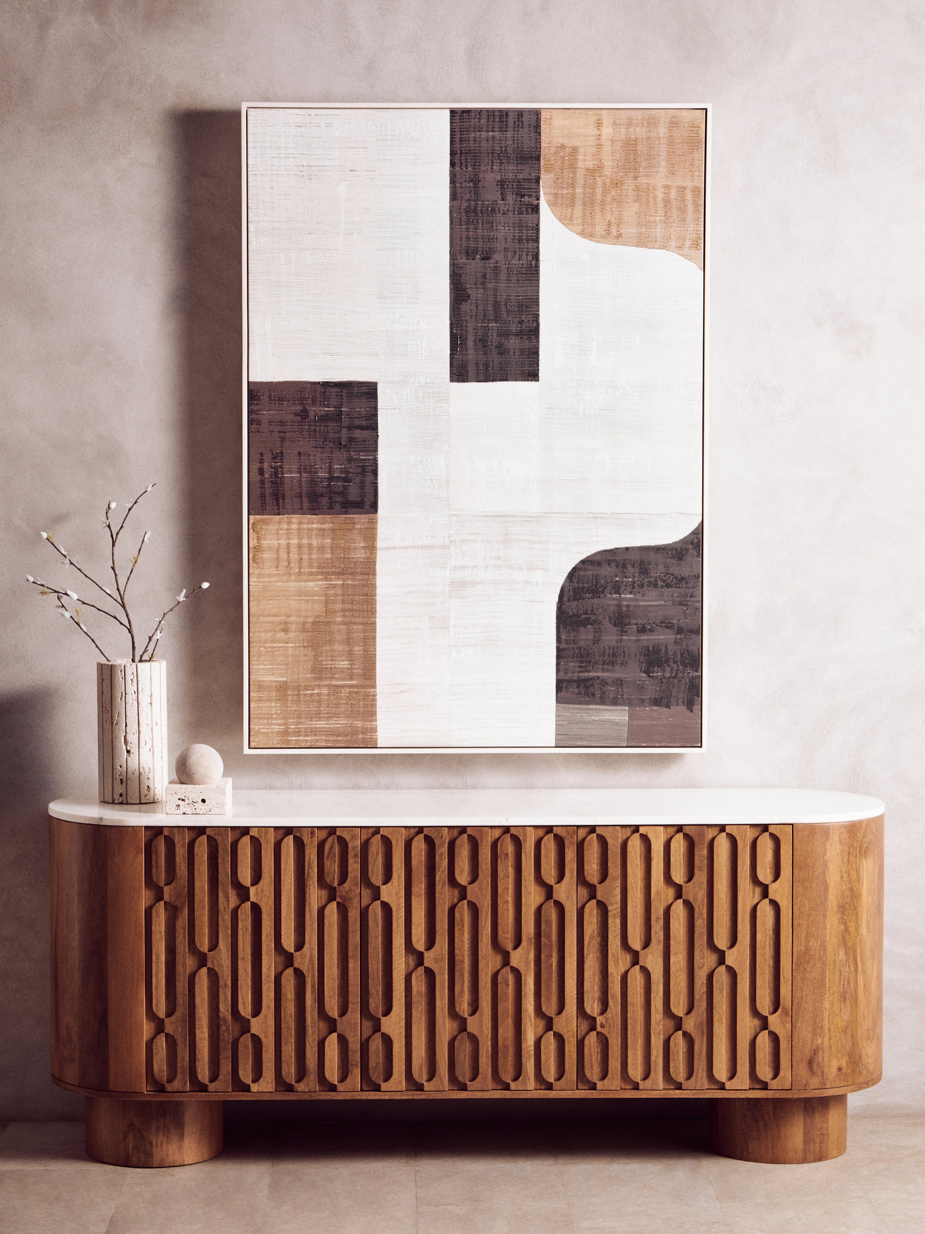 Chiara Carved Brown Mango Wood & White Marble Sideboard | 3 Doors
